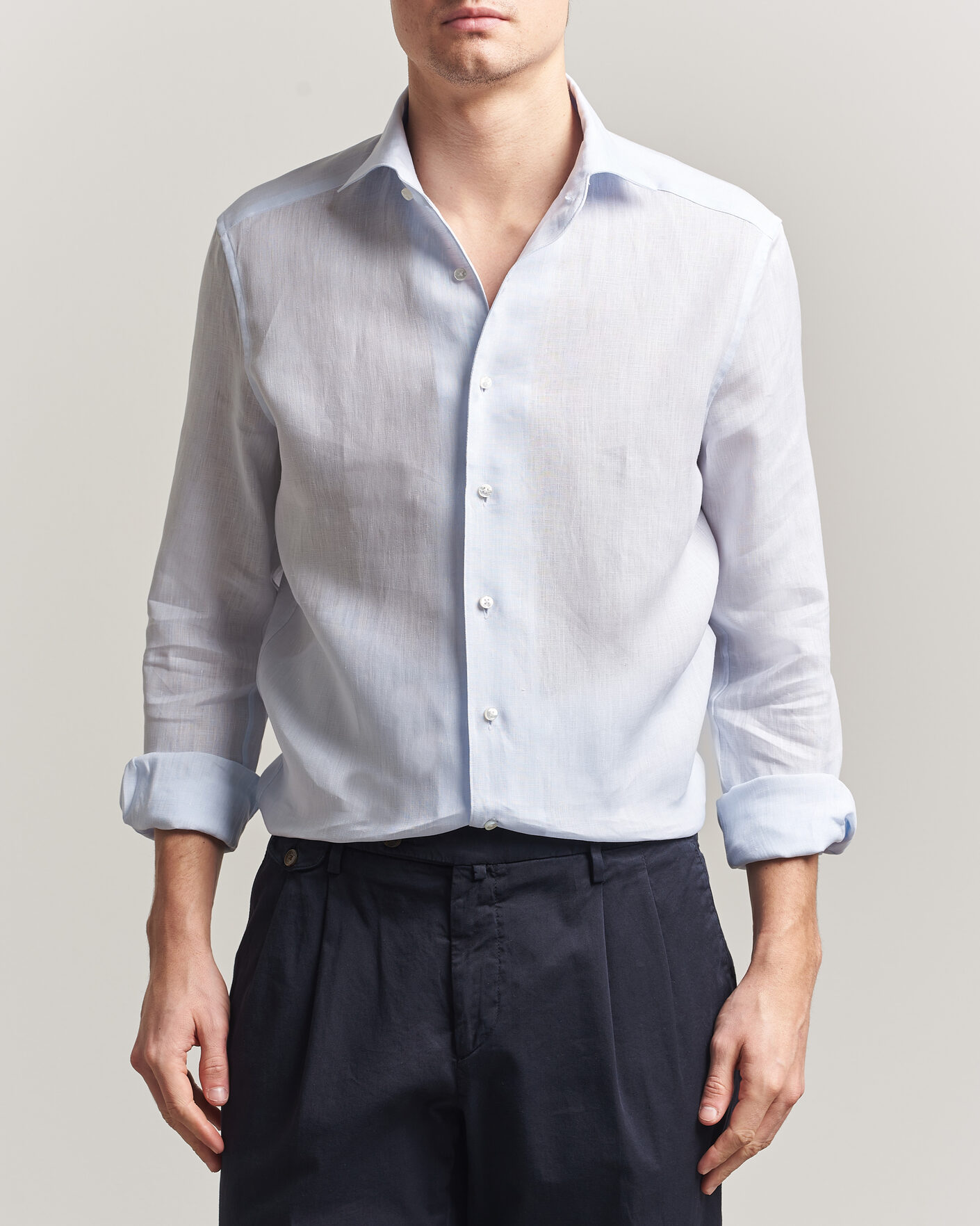 Heren | Overhemden | Stenströms | 1899 Linen One Piece Collar Shirt Light Blue