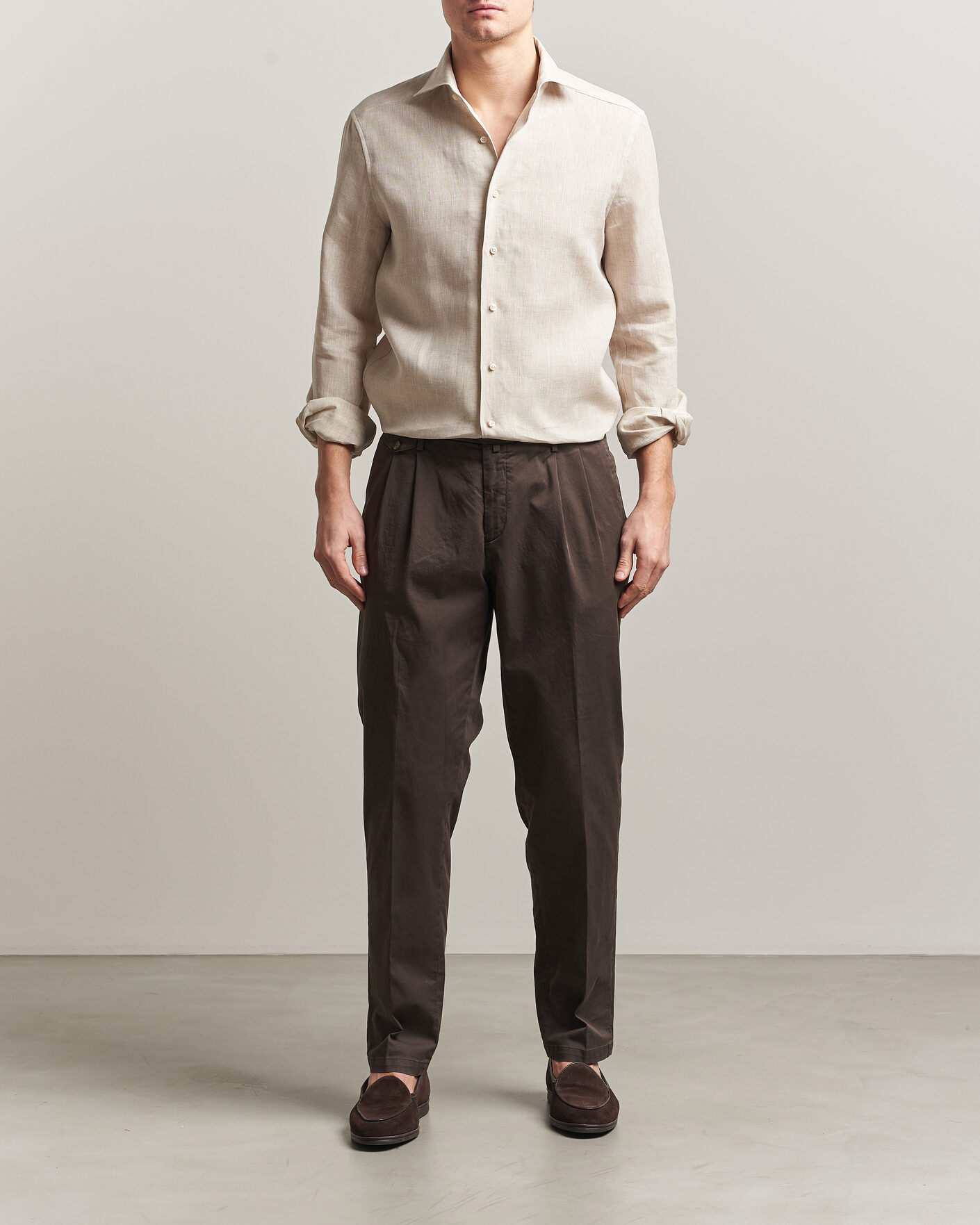 Heren | Overhemden | Stenströms | 1899 Linen One Piece Collar Shirt Beige
