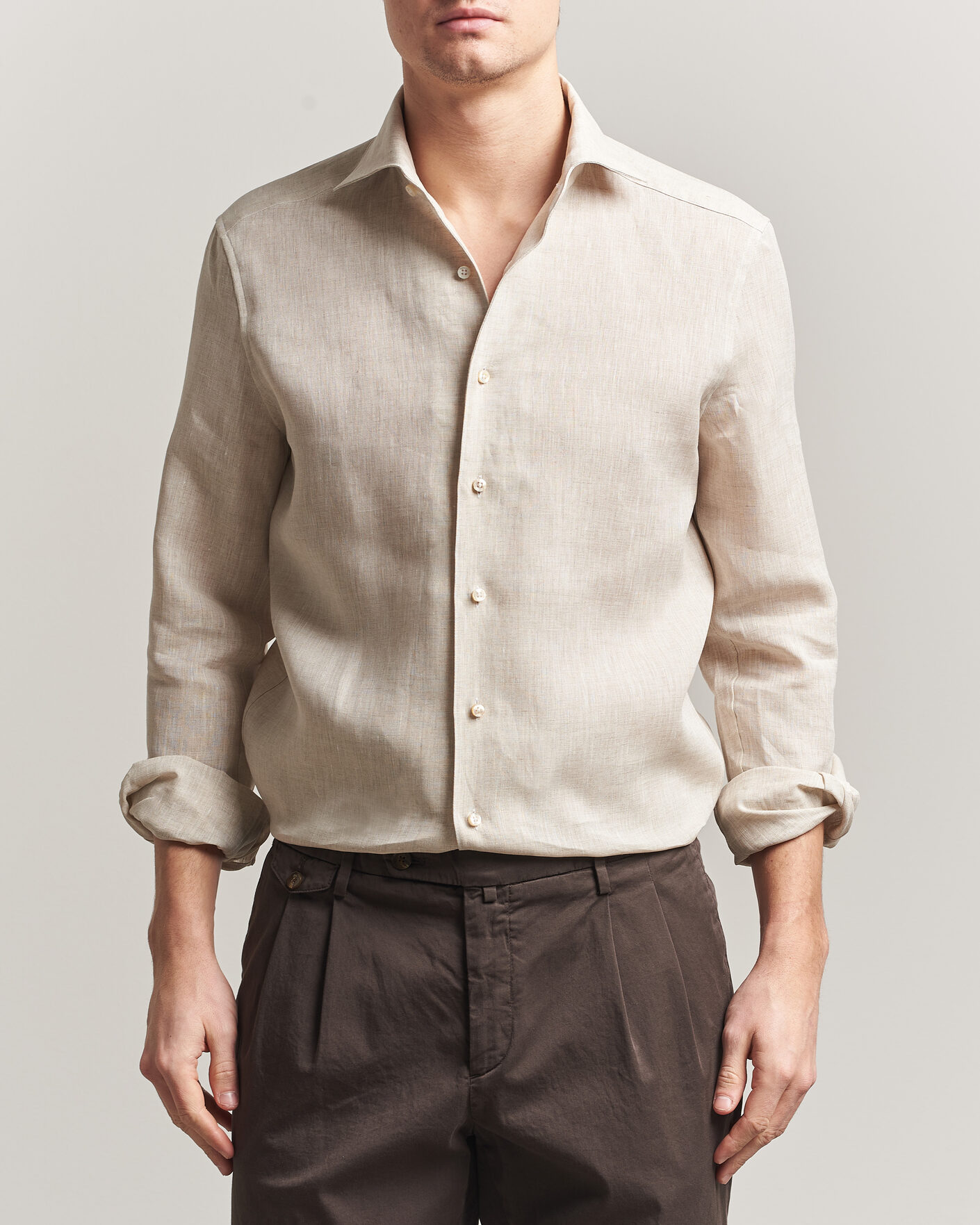Heren | Overhemden | Stenströms | 1899 Linen One Piece Collar Shirt Beige