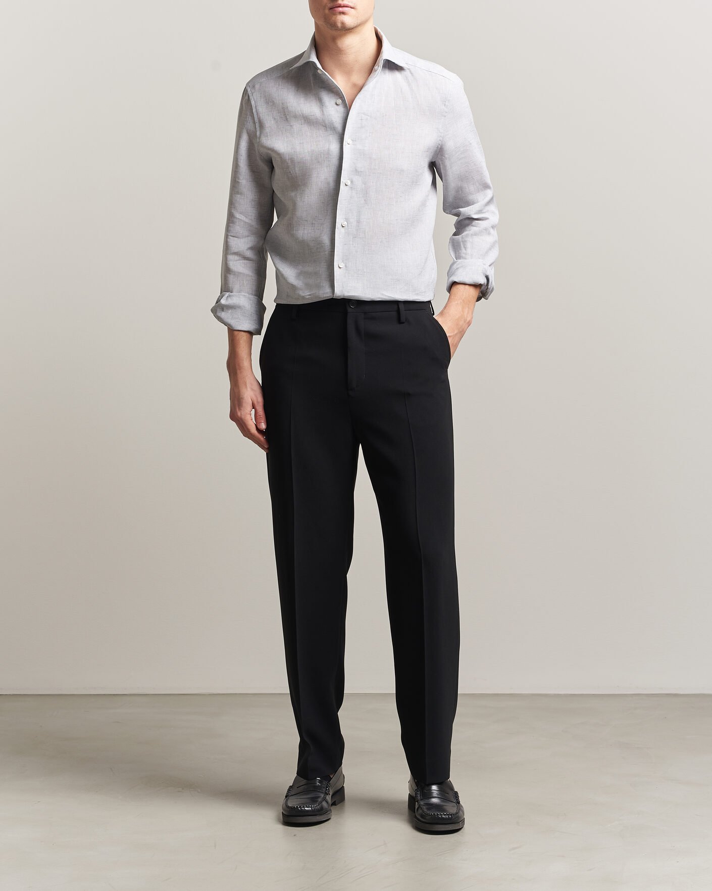 Heren | Overhemden | Stenströms | 1899 Linen One Piece Collar Shirt Grey