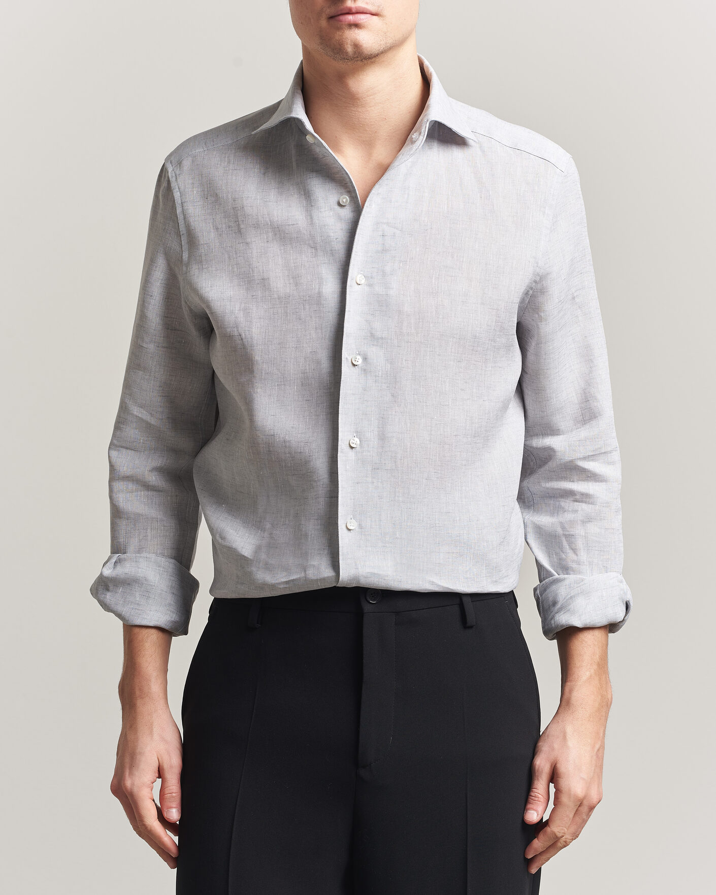 Heren | Overhemden | Stenströms | 1899 Linen One Piece Collar Shirt Grey