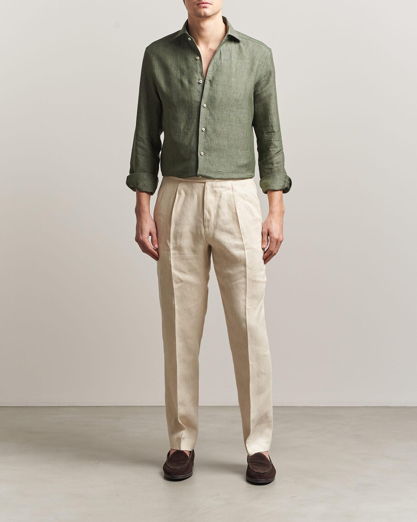Heren | Overhemden | Stenströms | 1899 Linen One Piece Collar Shirt Olive