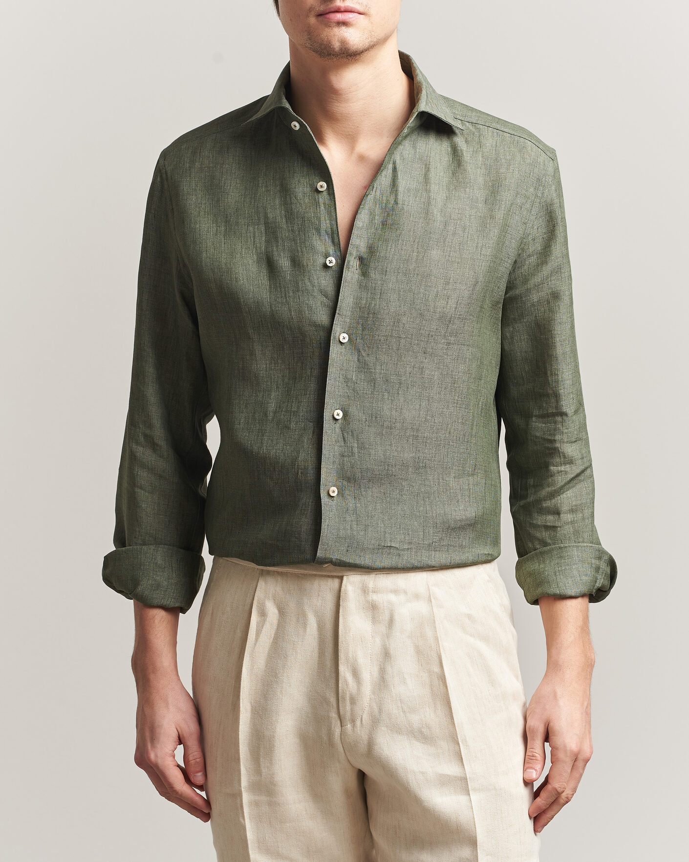 Heren | Overhemden | Stenströms | 1899 Linen One Piece Collar Shirt Olive