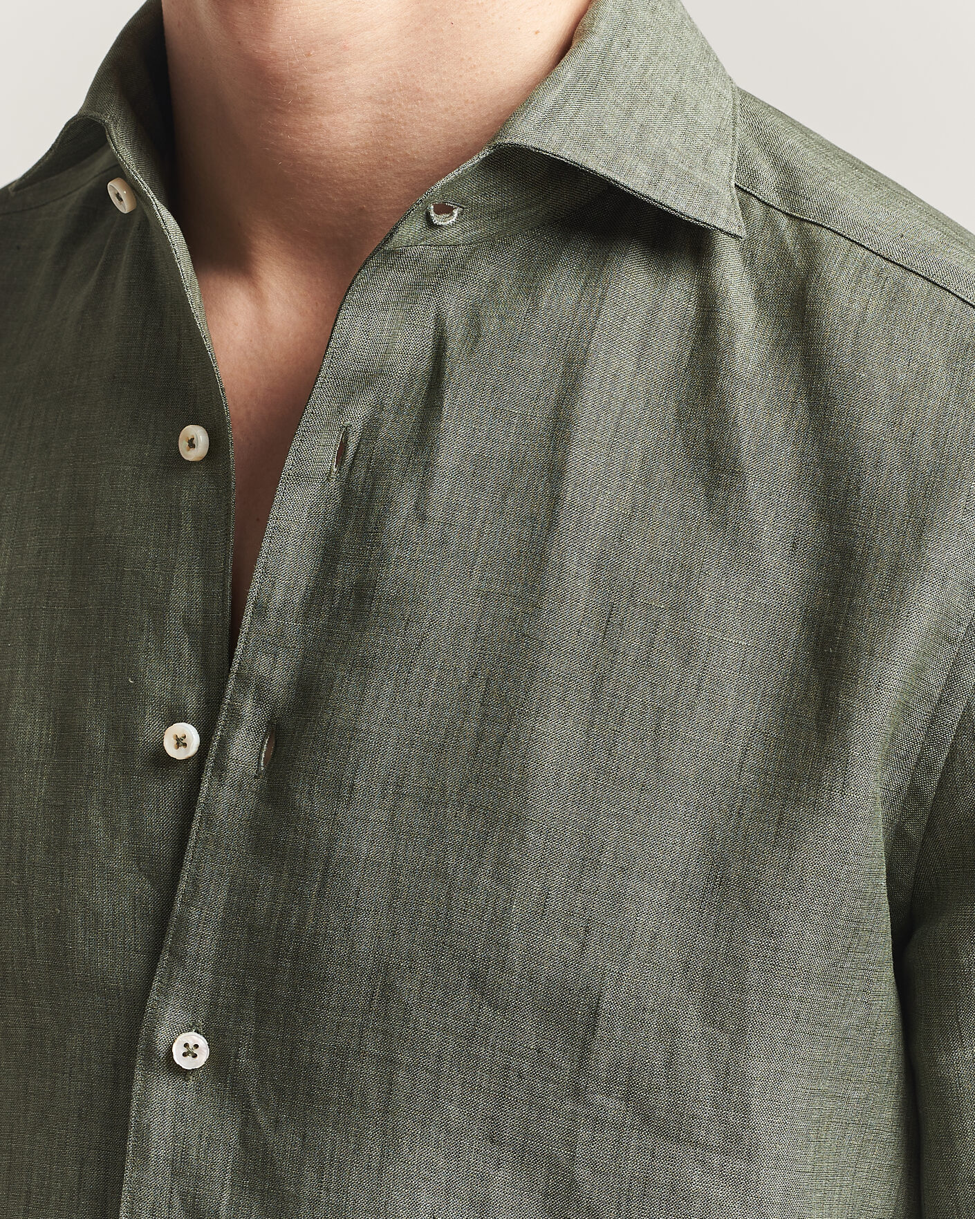 Heren | Overhemden | Stenströms | 1899 Linen One Piece Collar Shirt Olive