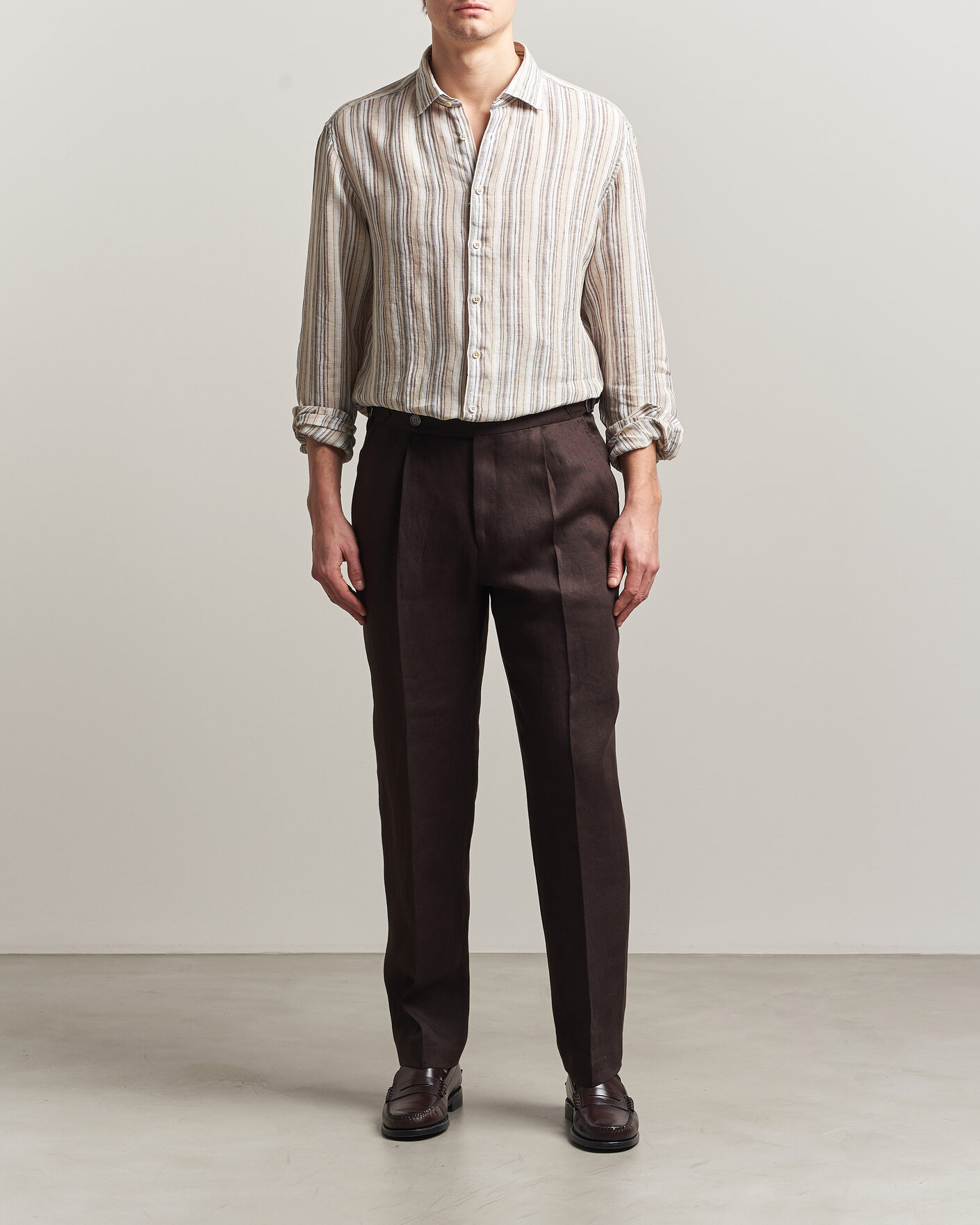 Heren | Overhemden | Stenströms | Regular Fit Multi Striped Linen Shirt Brown