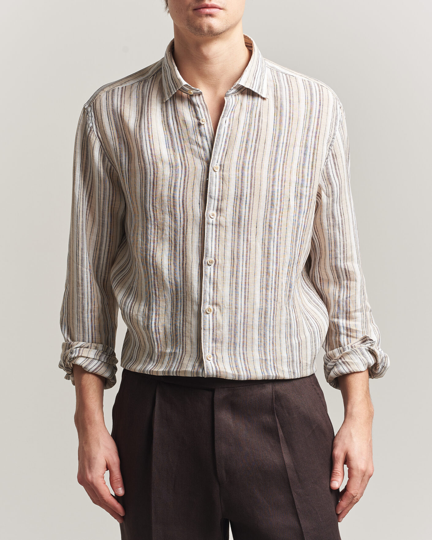 Heren | Overhemden | Stenströms | Regular Fit Multi Striped Linen Shirt Brown