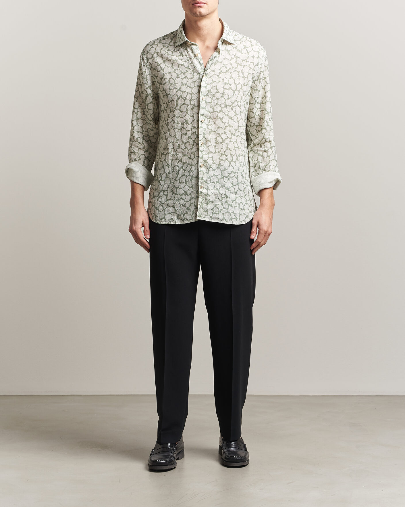 Heren | Overhemden | Stenströms | Regular Fit Flower Printed Linen Shirt Green