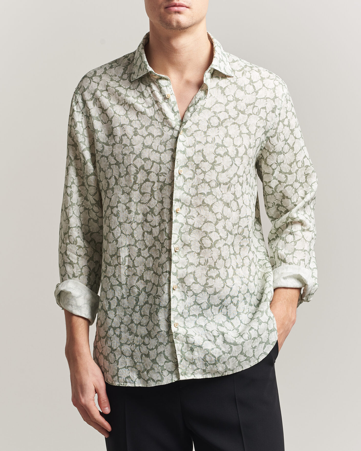 Heren | Overhemden | Stenströms | Regular Fit Flower Printed Linen Shirt Green