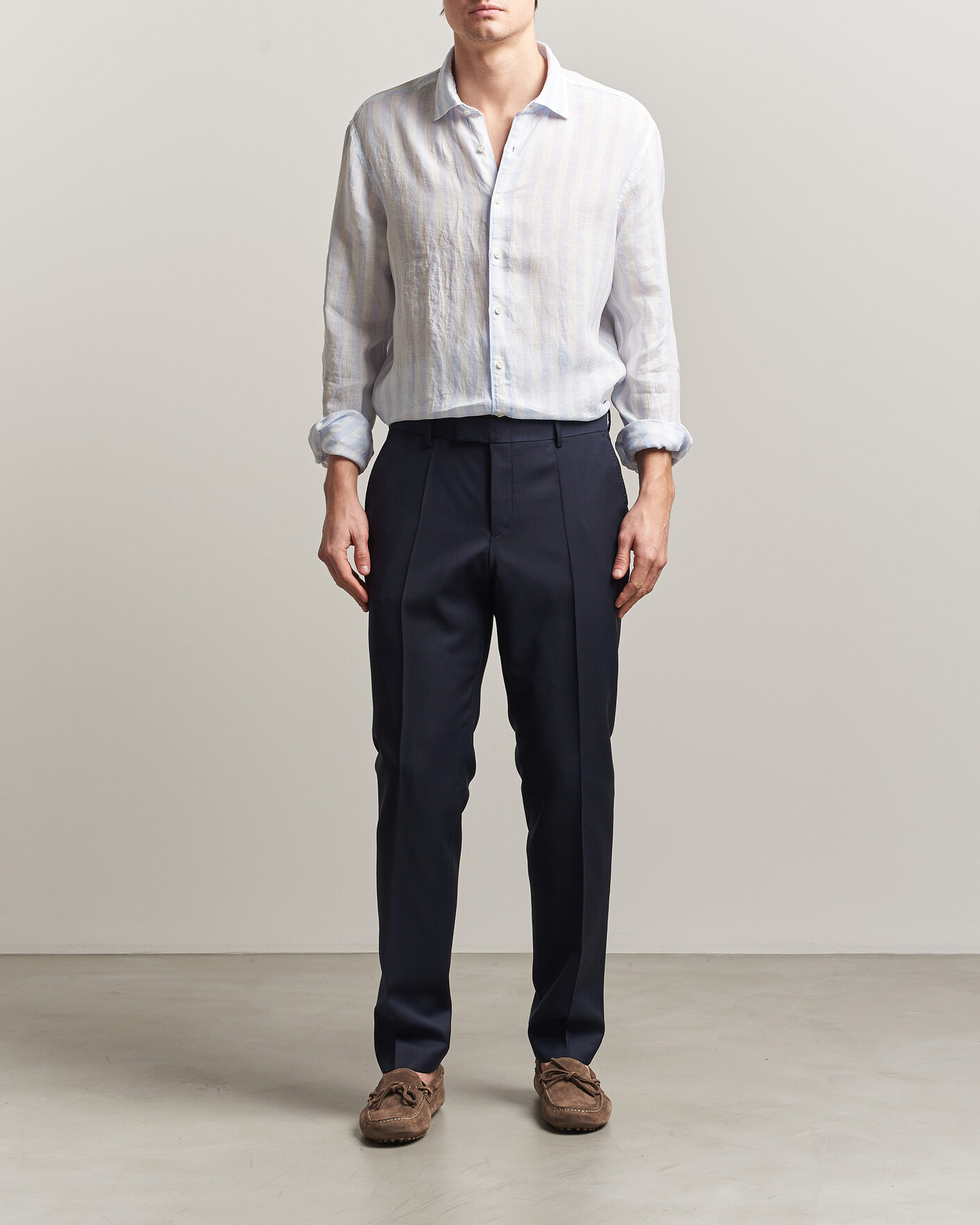 Heren | Overhemden | Stenströms | Regular Fit Wide Stripe Linen Shirt Light Blue