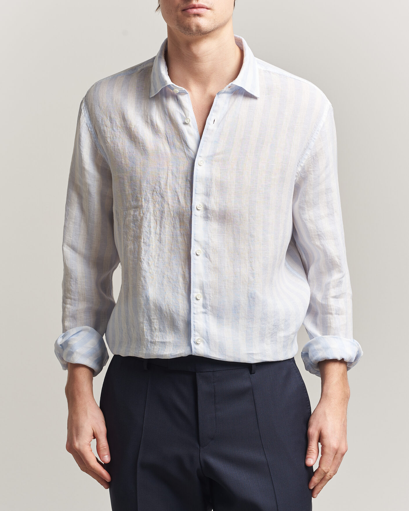 Heren | Overhemden | Stenströms | Regular Fit Wide Stripe Linen Shirt Light Blue