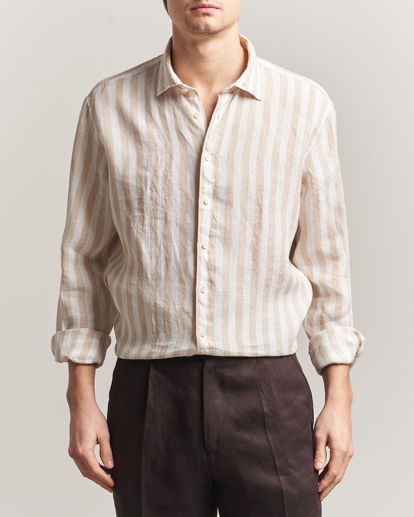 Heren | Overhemden | Stenströms | Regular Fit Wide Stripe Linen Shirt Beige