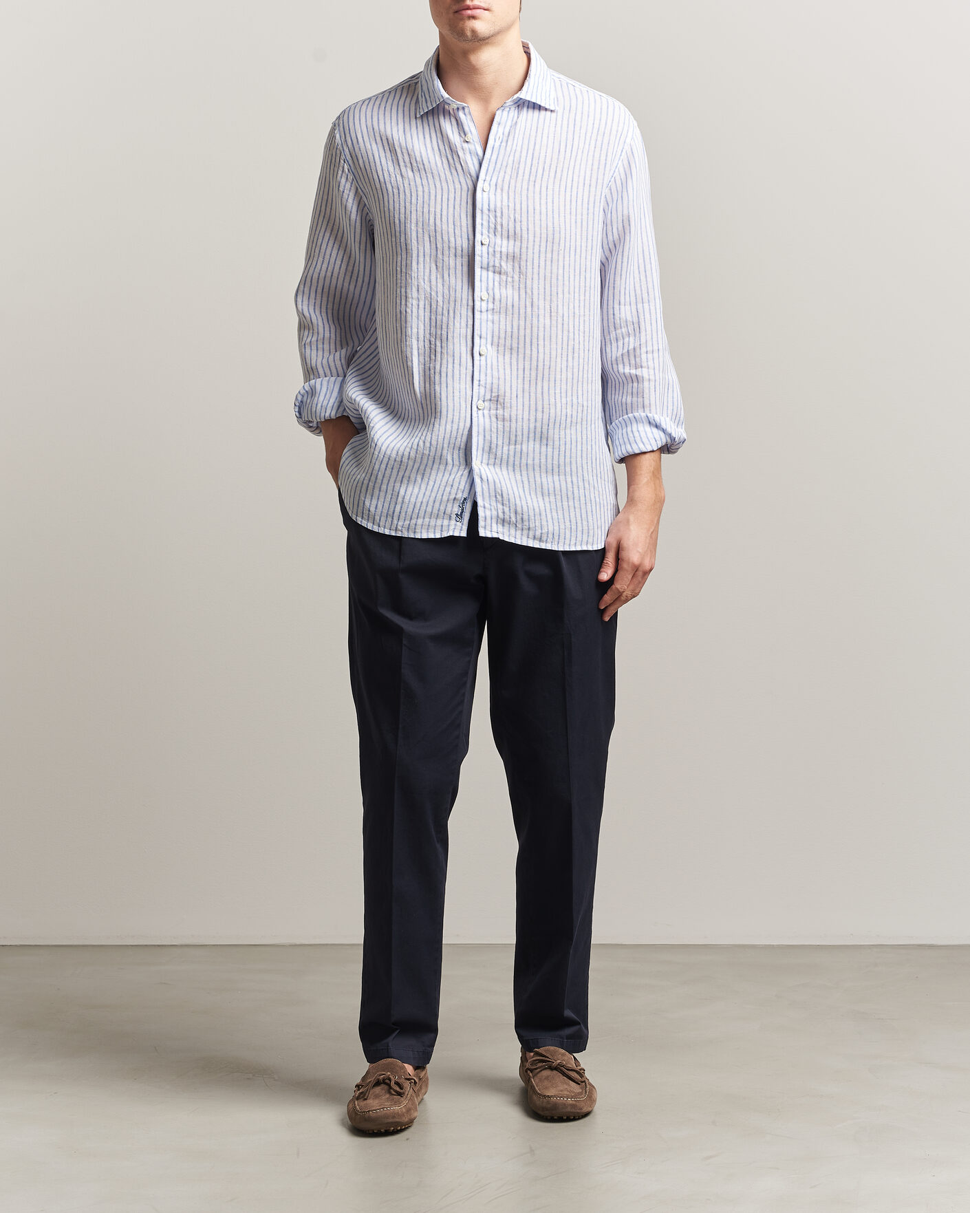 Heren | Overhemden | Stenströms | Regular Fit Striped Linen Shirt White/Dark Blue
