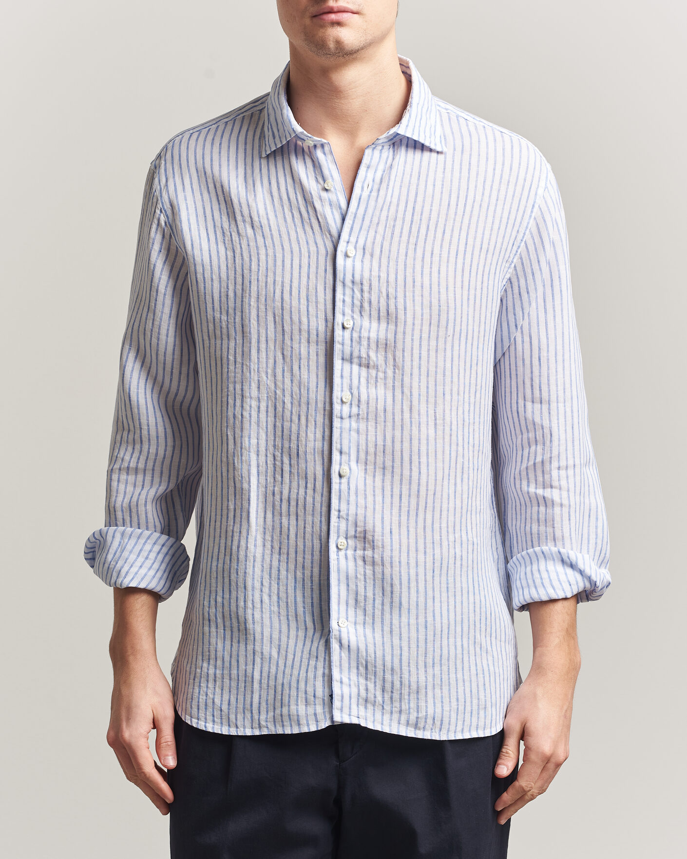 Heren | Overhemden | Stenströms | Regular Fit Striped Linen Shirt White/Dark Blue