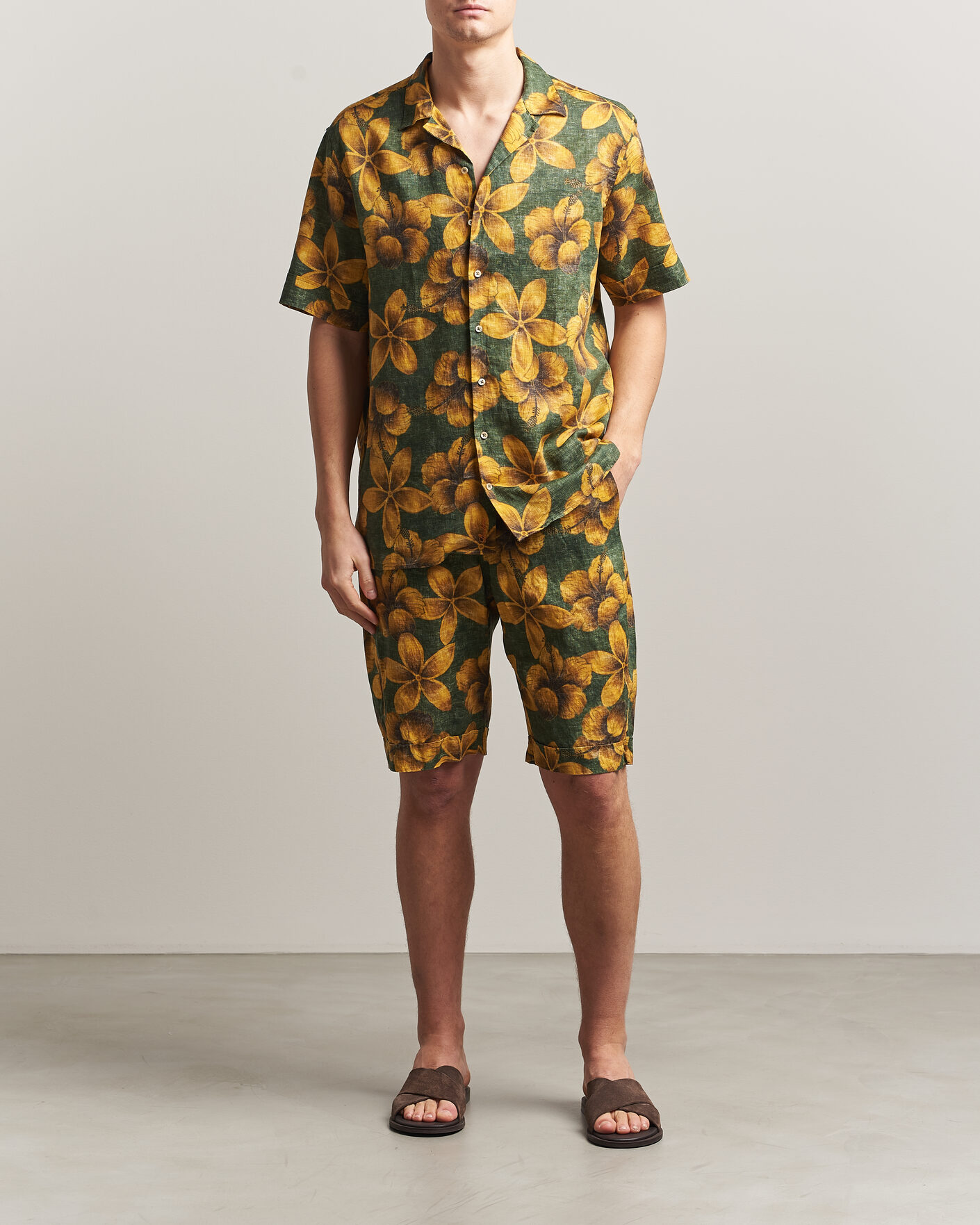 Heren | Overhemden | Stenströms | Flower Printed Short Sleeve Linen Shirt Green