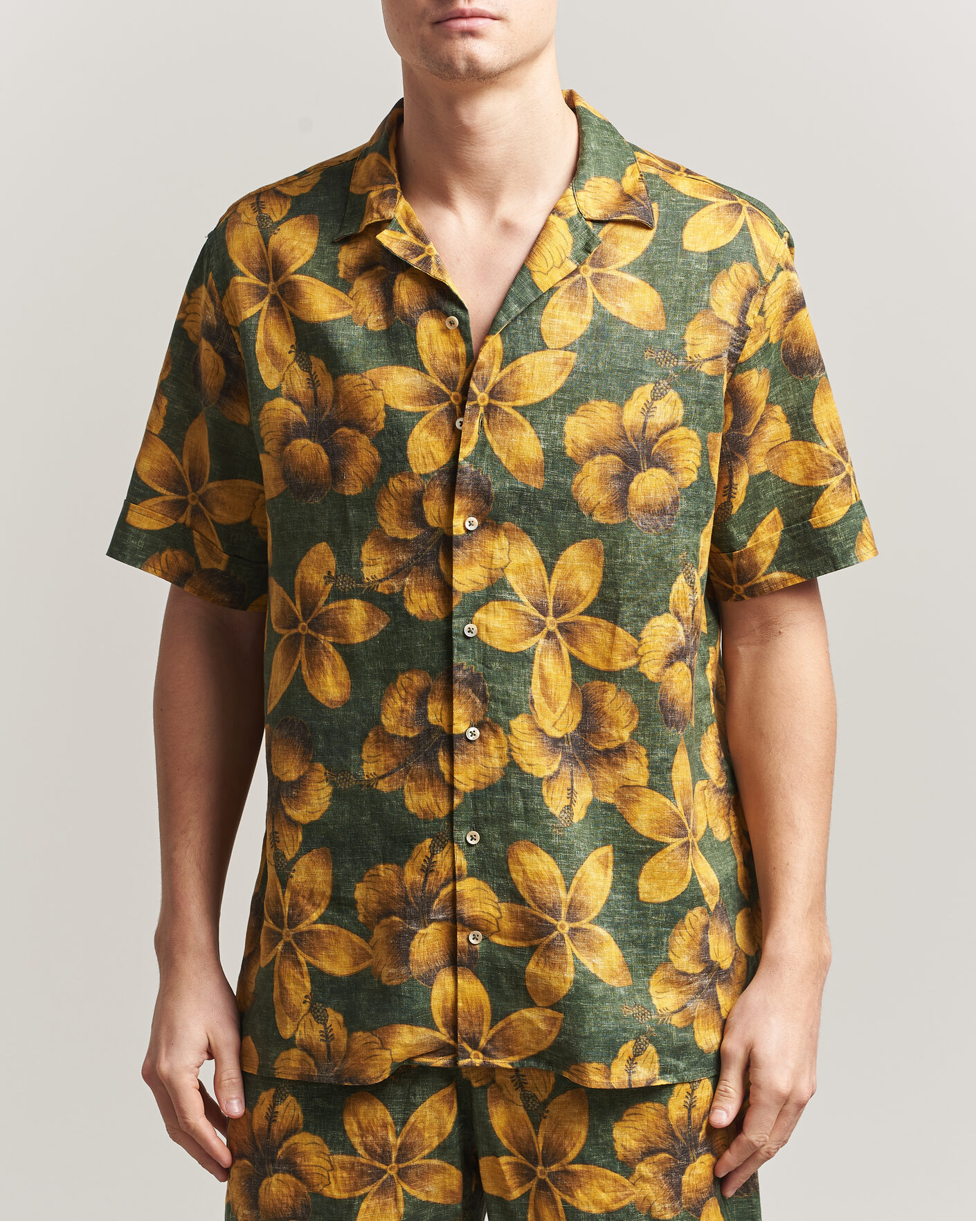 Heren | Overhemden | Stenströms | Flower Printed Short Sleeve Linen Shirt Green