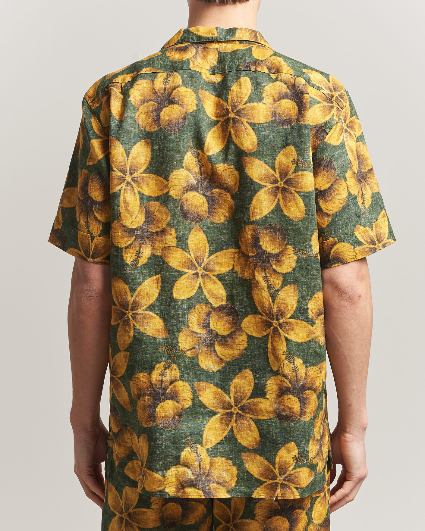 Heren | Overhemden | Stenströms | Flower Printed Short Sleeve Linen Shirt Green