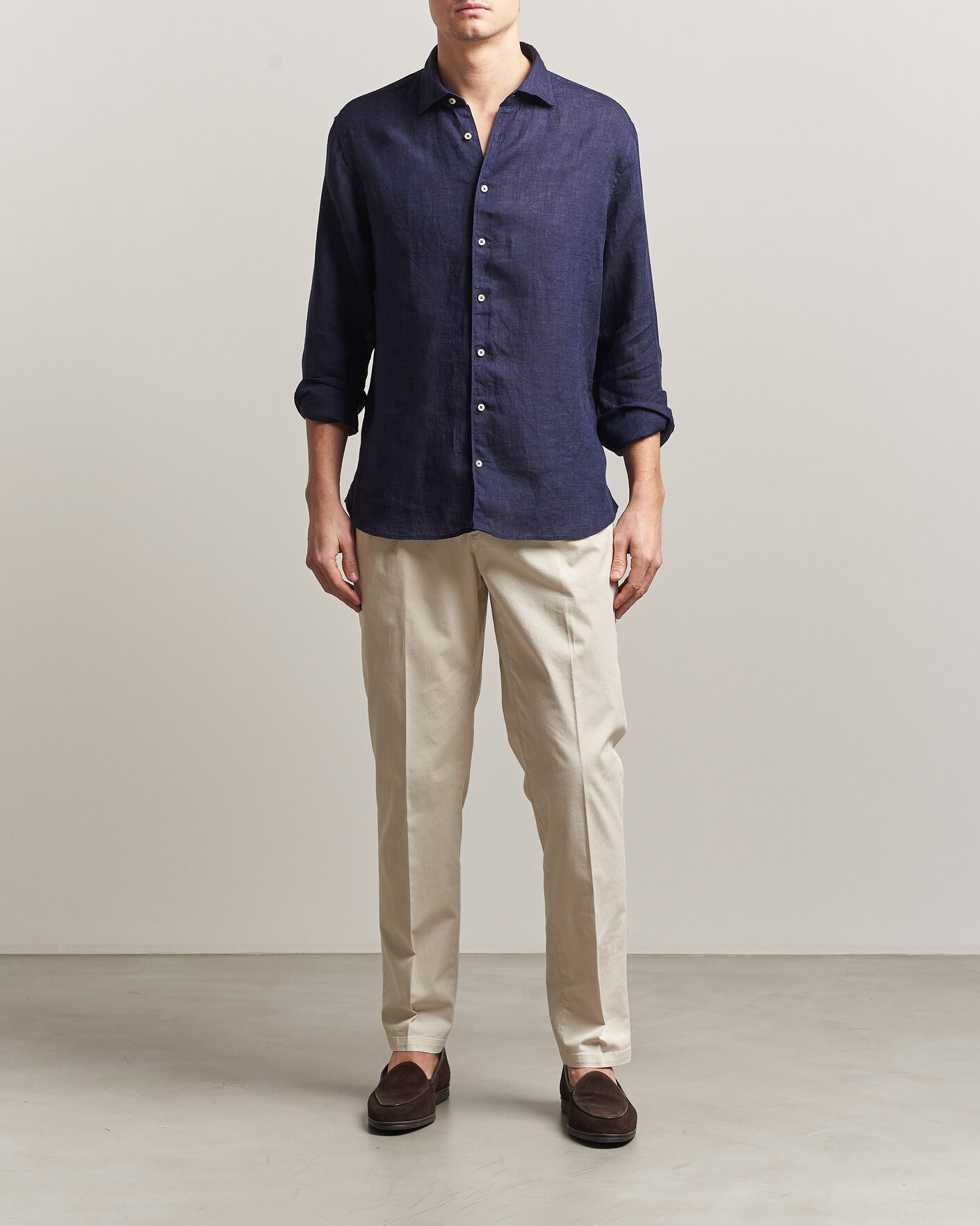 Heren | Overhemden | Stenströms | Regular Fit Cut Away Linen Shirt Navy