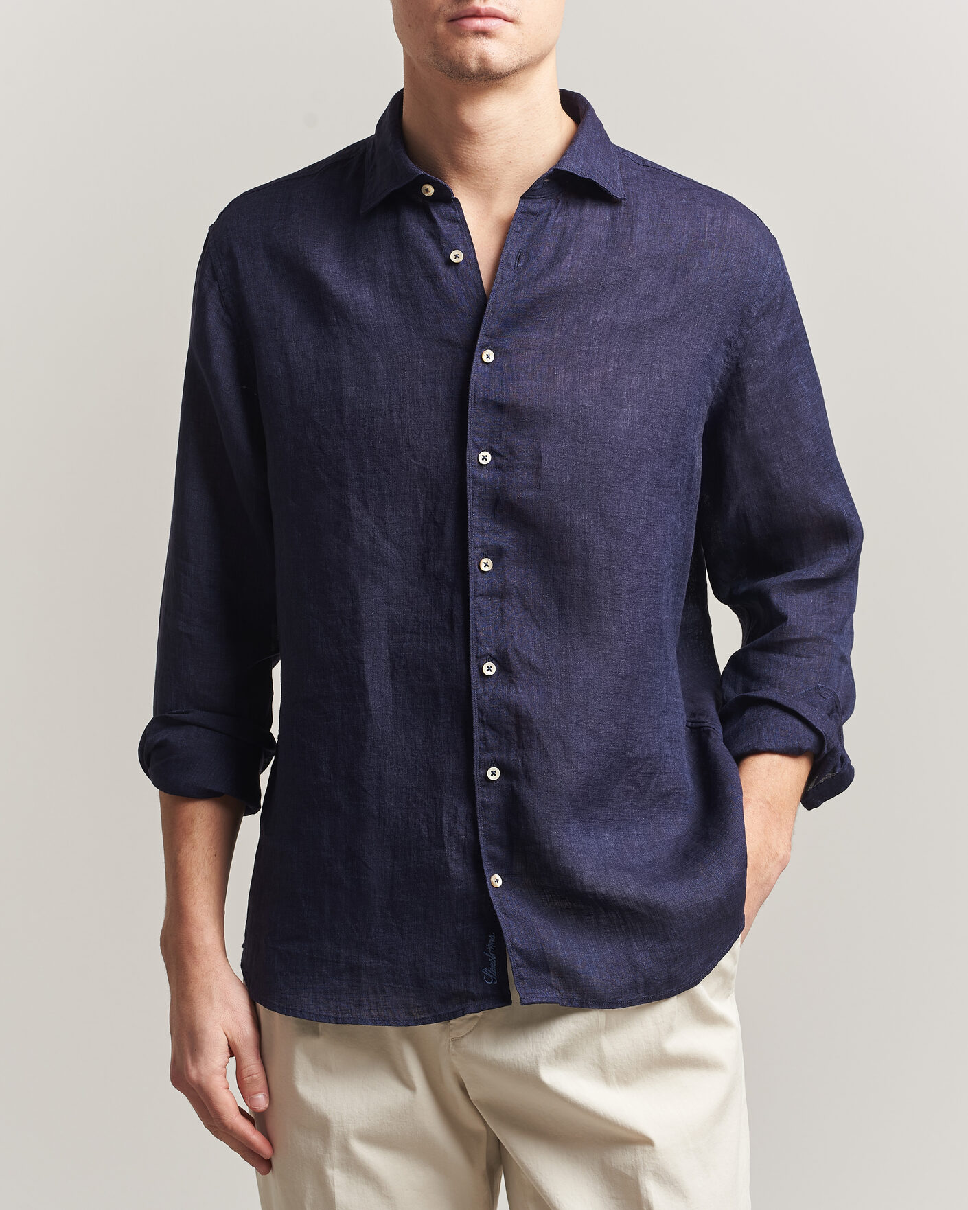 Heren | Overhemden | Stenströms | Regular Fit Cut Away Linen Shirt Navy