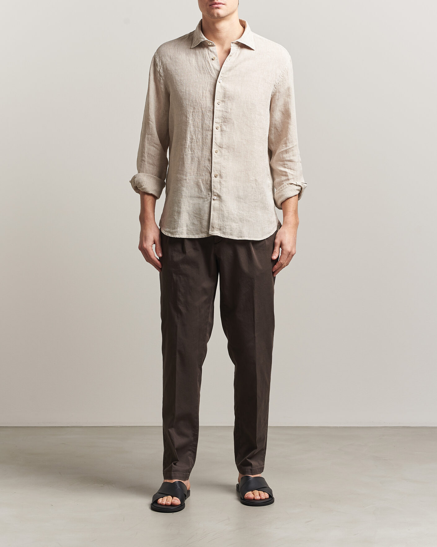 Heren | Overhemden | Stenströms | Regular Fit Cut Away Linen Shirt Beige