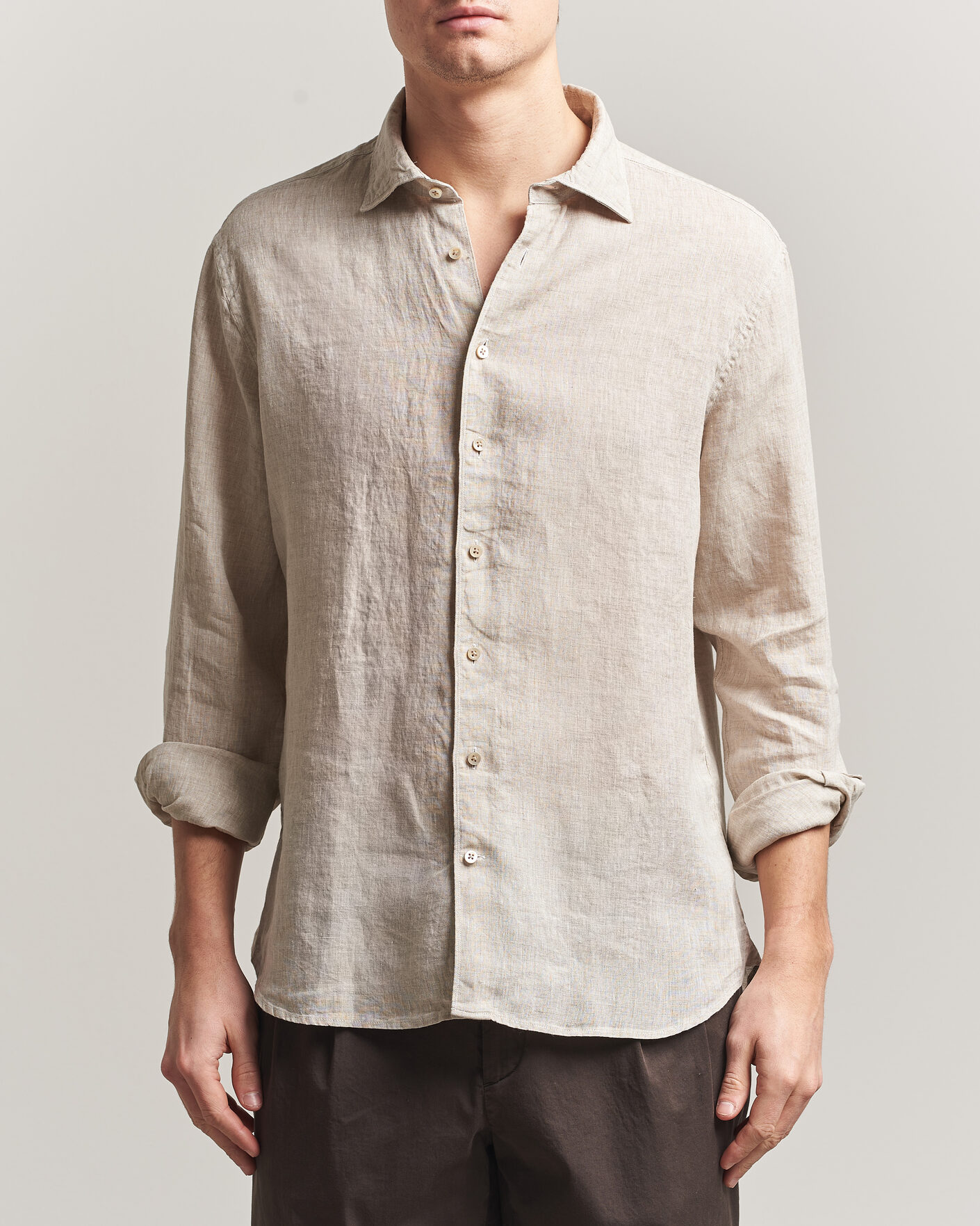 Heren | Overhemden | Stenströms | Regular Fit Cut Away Linen Shirt Beige
