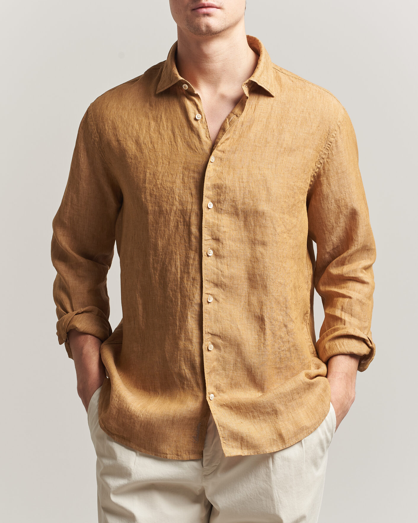 Heren | Overhemden | Stenströms | Regular Fit Cut Away Linen Shirt Light Brown