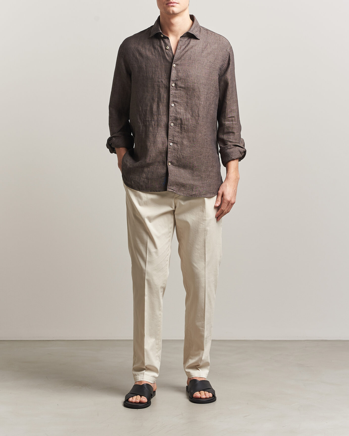 Heren | Overhemden | Stenströms | Regular Fit Cut Away Linen Shirt Brown