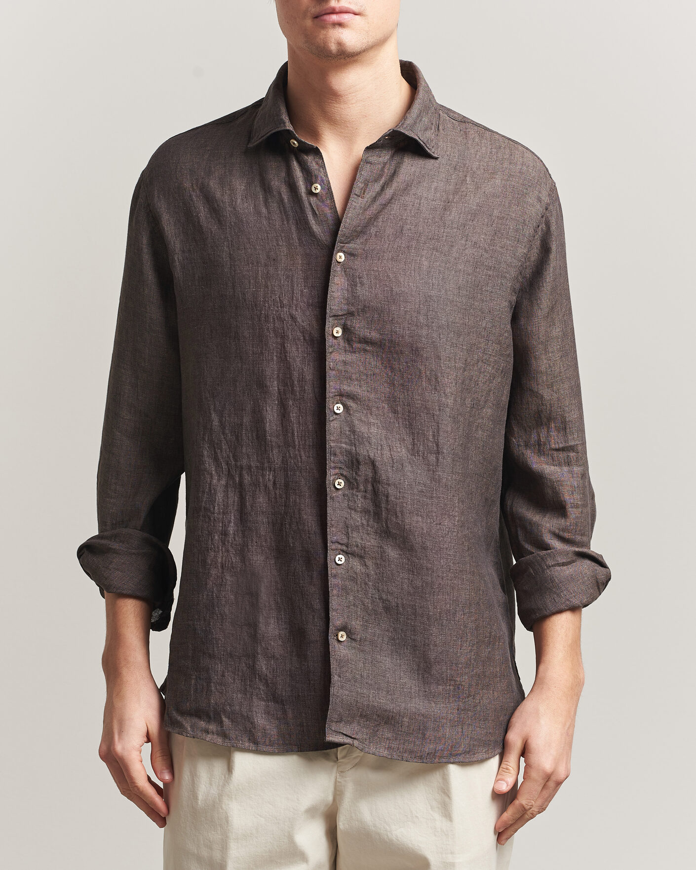 Heren | Overhemden | Stenströms | Regular Fit Cut Away Linen Shirt Brown