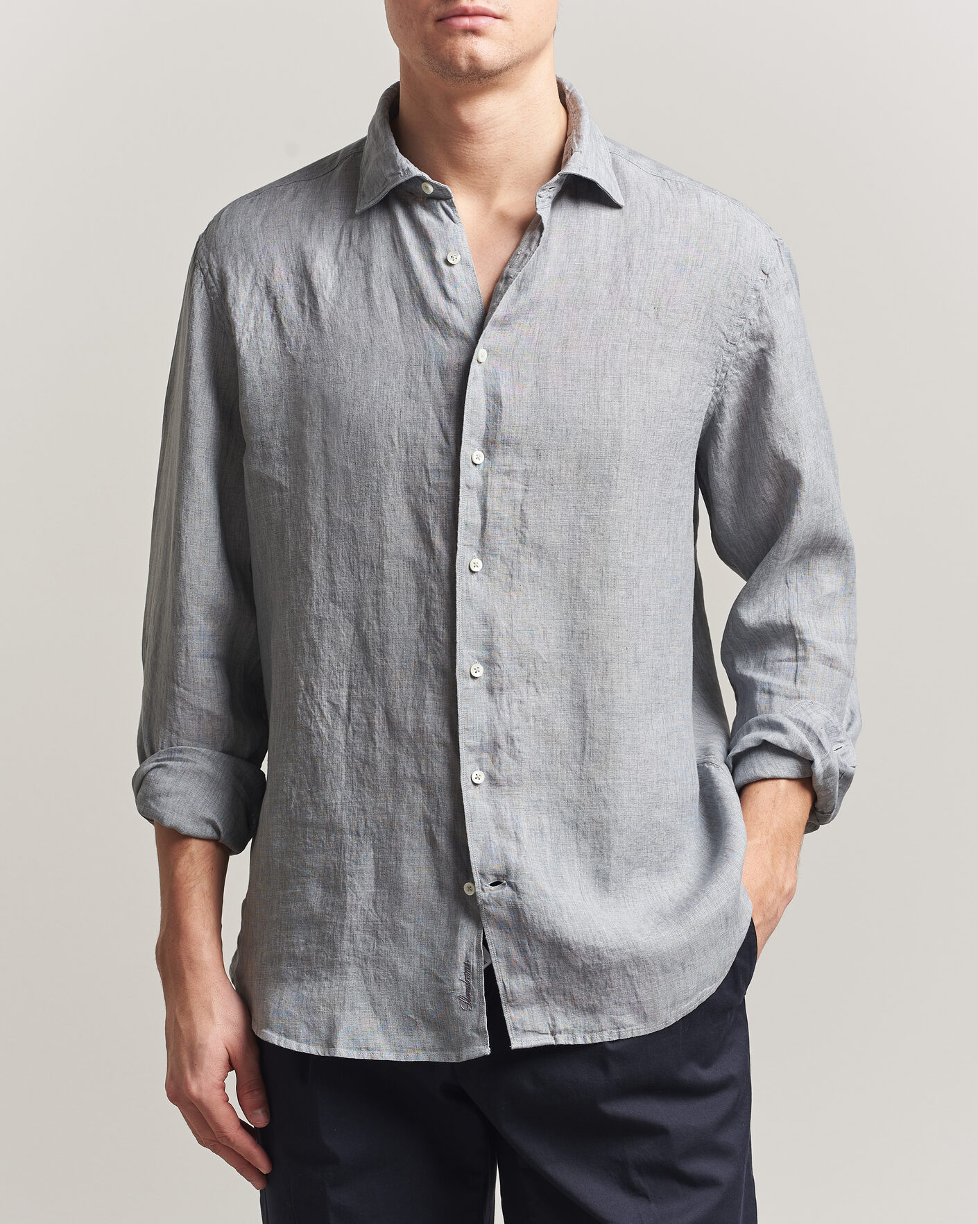 Heren | Overhemden | Stenströms | Regular Fit Cut Away Linen Shirt Grey