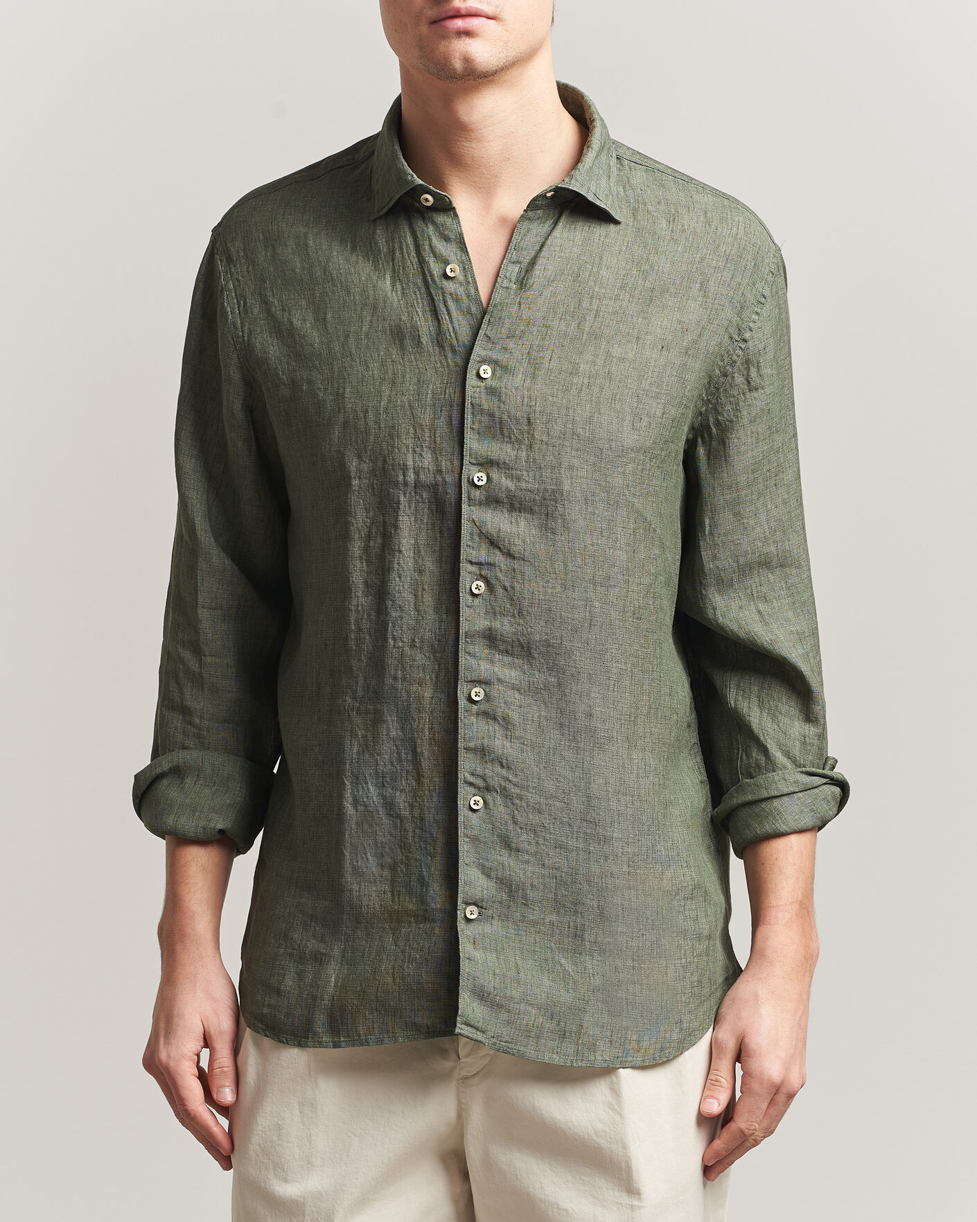 Heren | Overhemden | Stenströms | Regular Fit Cut Away Linen Shirt Green