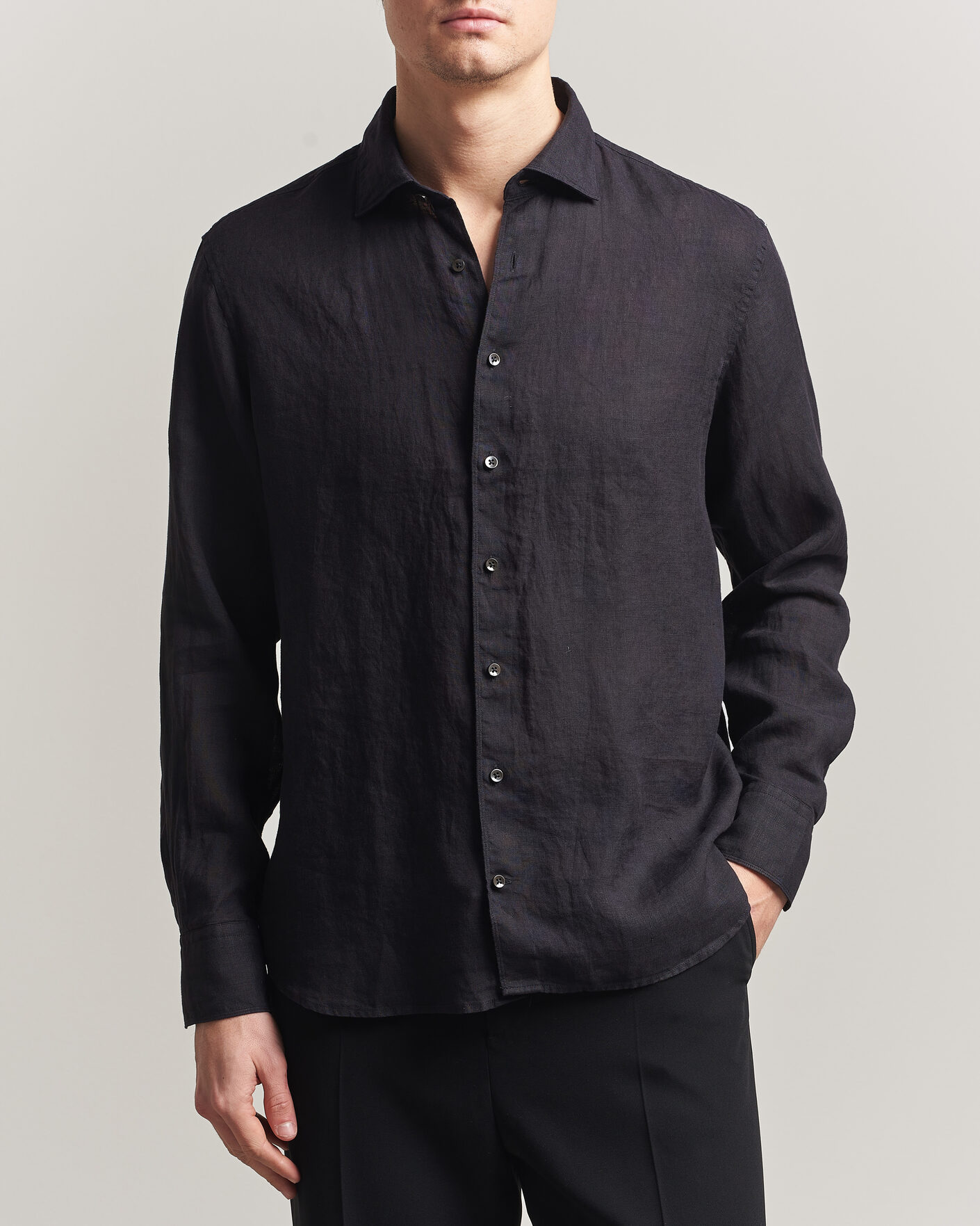 Heren | Overhemden | Stenströms | Regular Fit Cut Away Linen Shirt Black