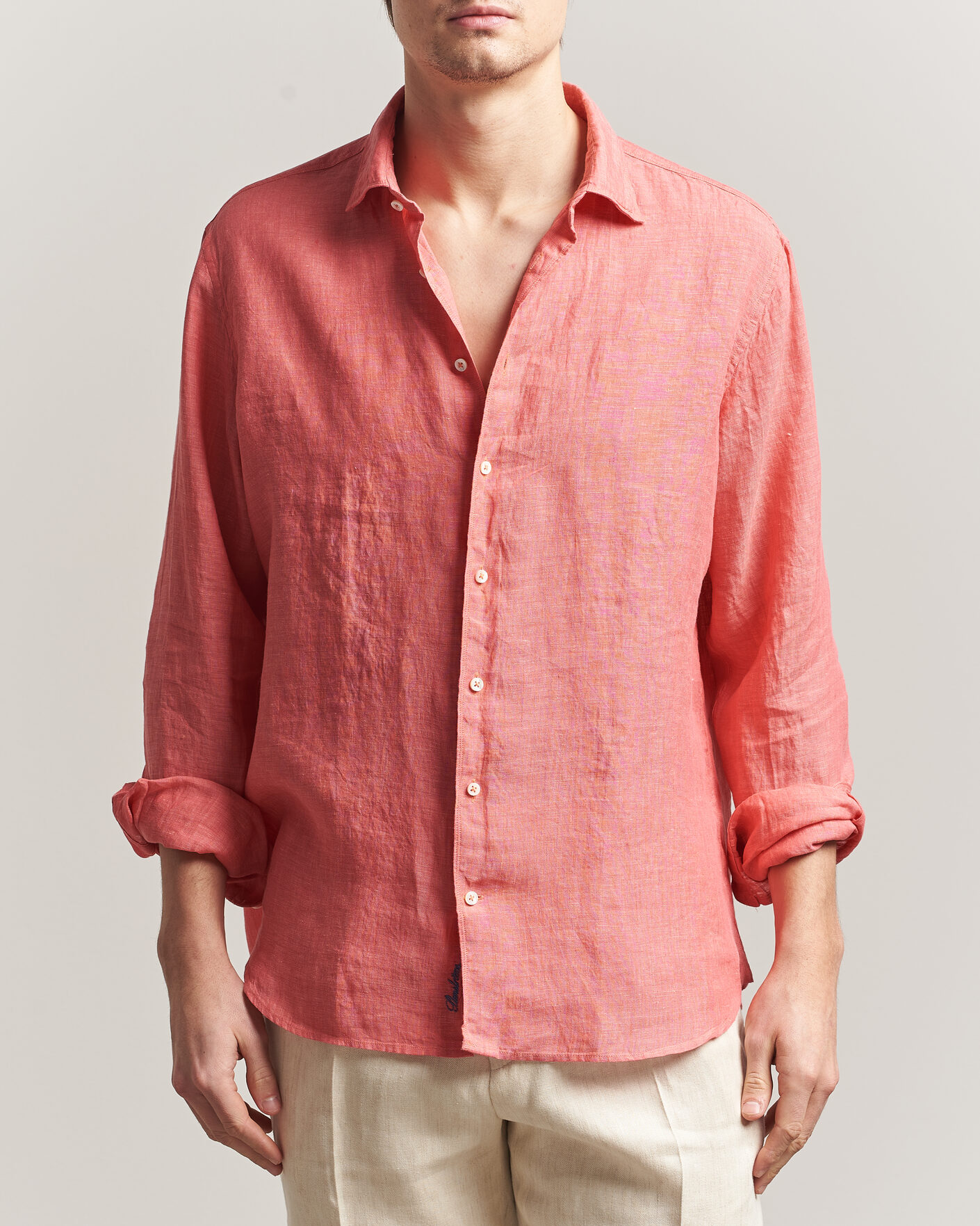 Heren | Overhemden | Stenströms | Regular Fit Cut Away Linen Shirt Raspberry