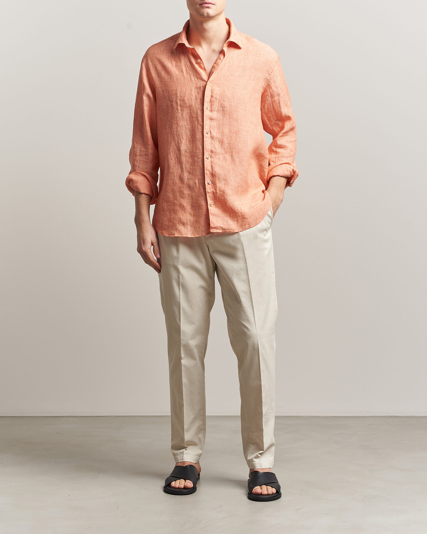 Heren | Overhemden | Stenströms | Regular Fit Cut Away Linen Shirt Orange