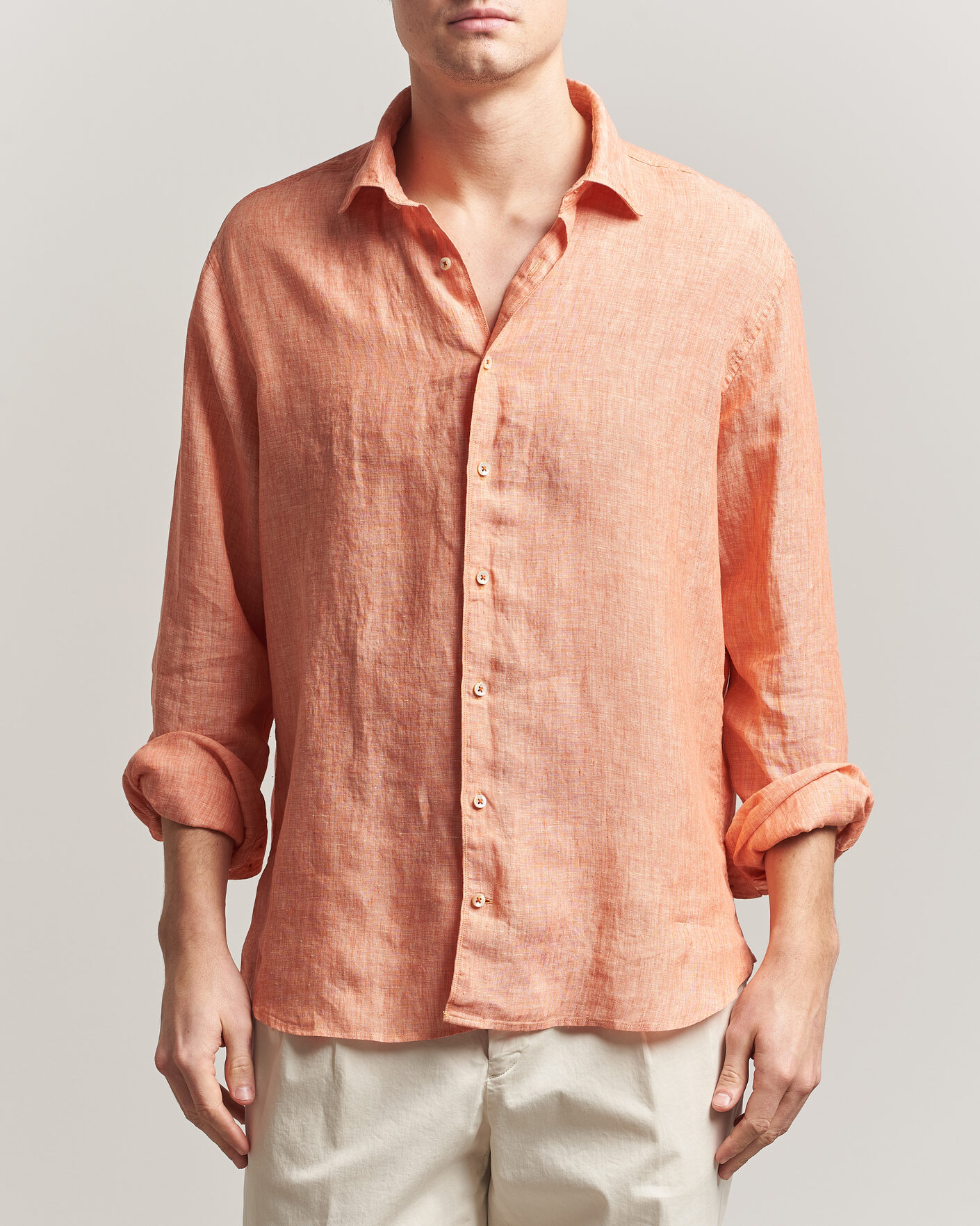 Heren | Overhemden | Stenströms | Regular Fit Cut Away Linen Shirt Orange