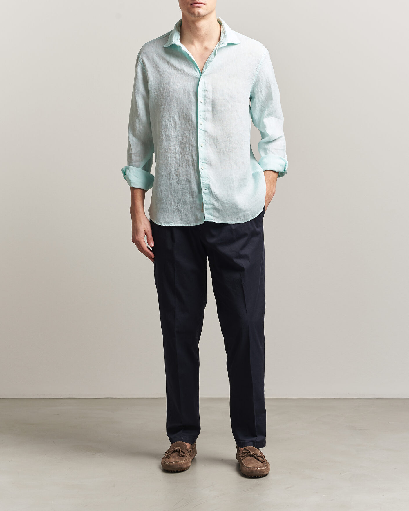 Heren | Overhemden | Stenströms | Regular Fit Cut Away Linen Shirt Mint