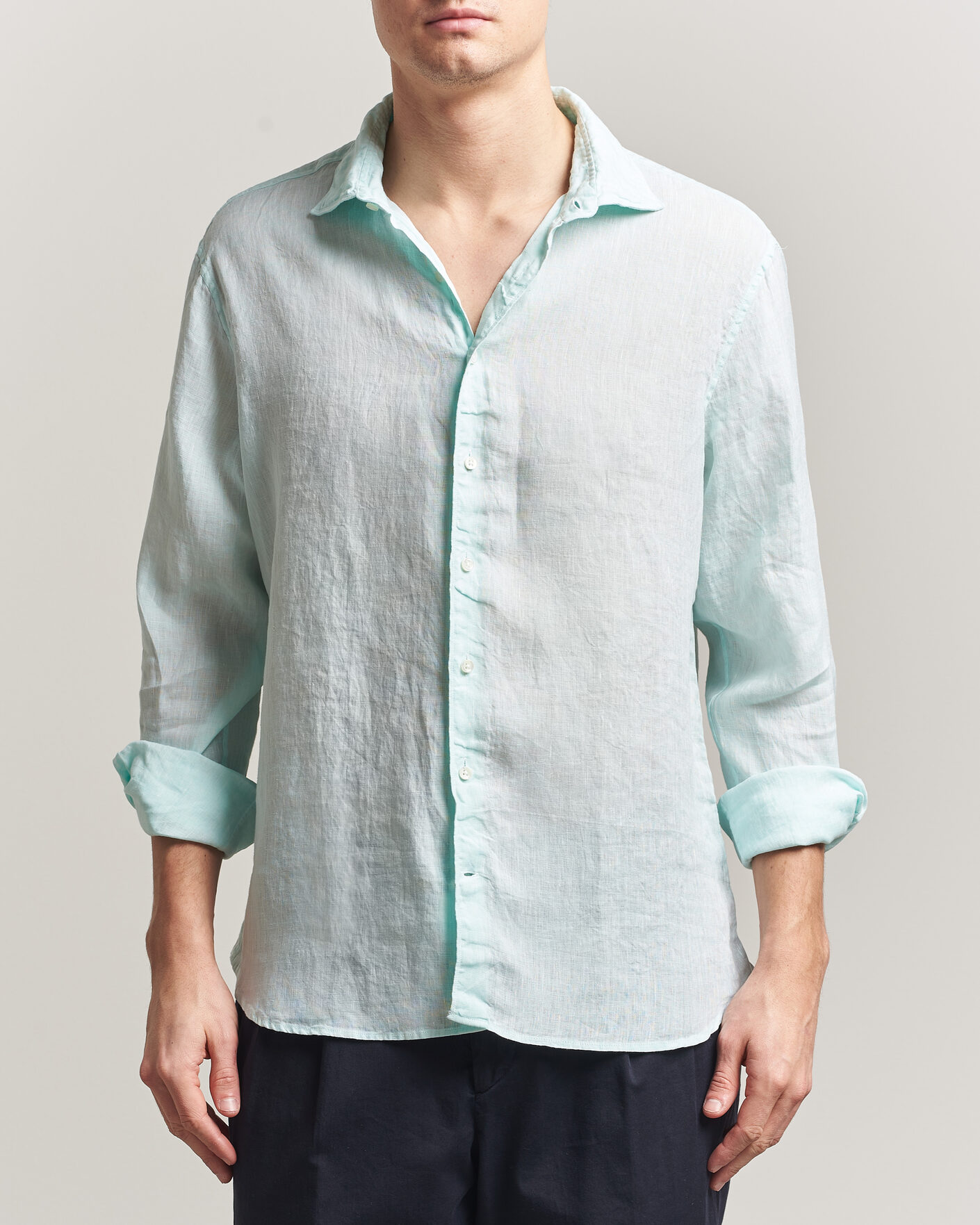 Heren | Overhemden | Stenströms | Regular Fit Cut Away Linen Shirt Mint