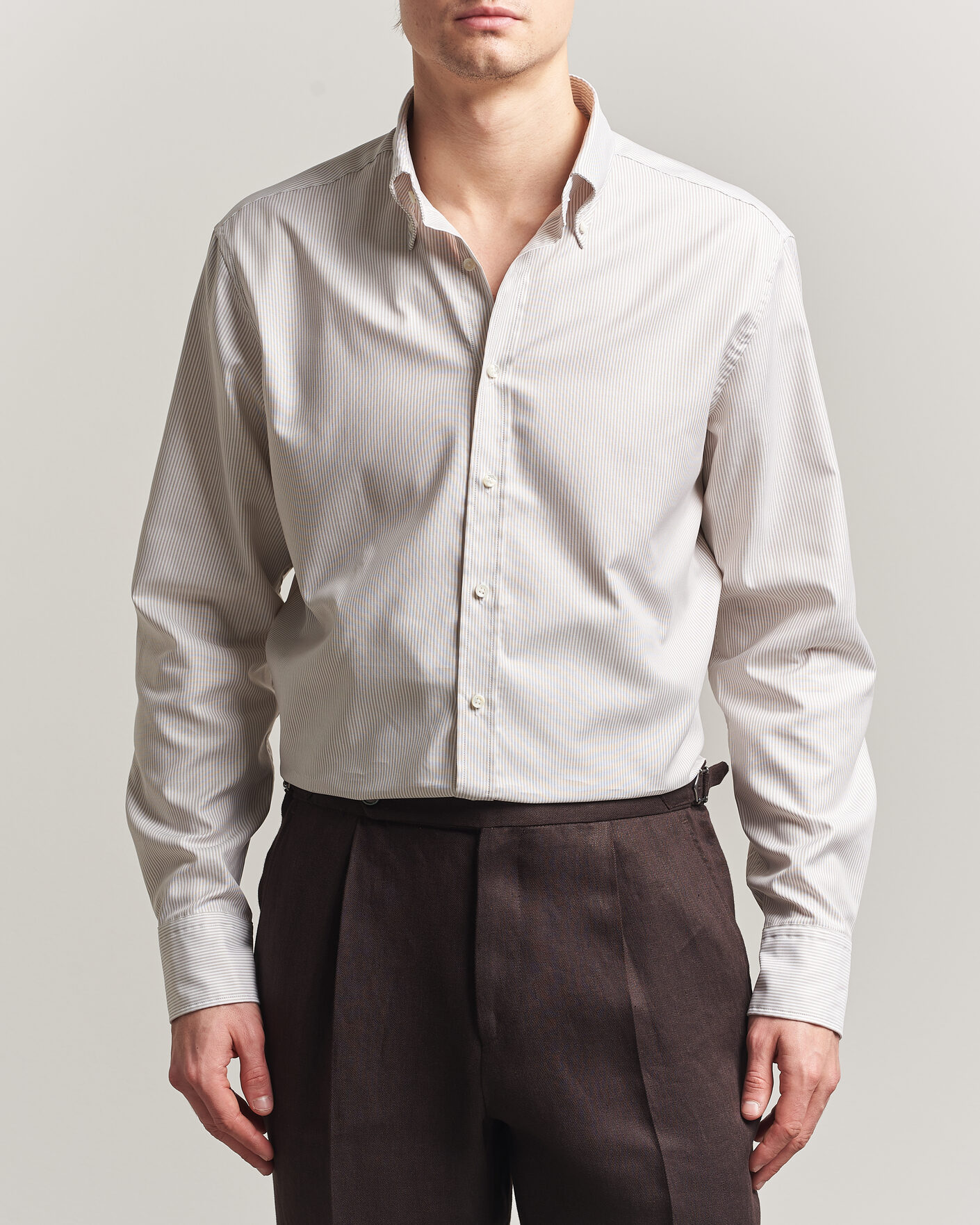 Heren | Overhemden | Stenströms | Regular Fit Thin Striped Oxford Shirt Beige