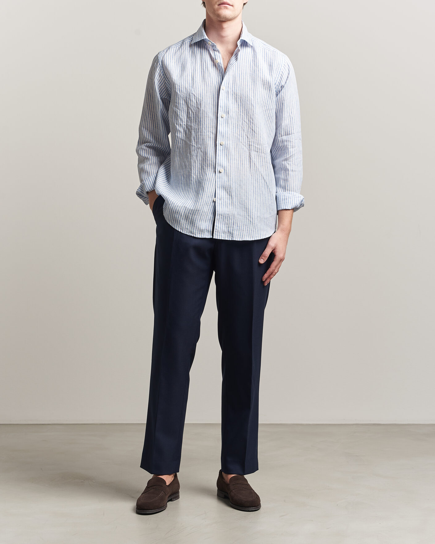 Heren | Overhemden | Eton | Casual Fit Striped Linen Shirt Light Blue