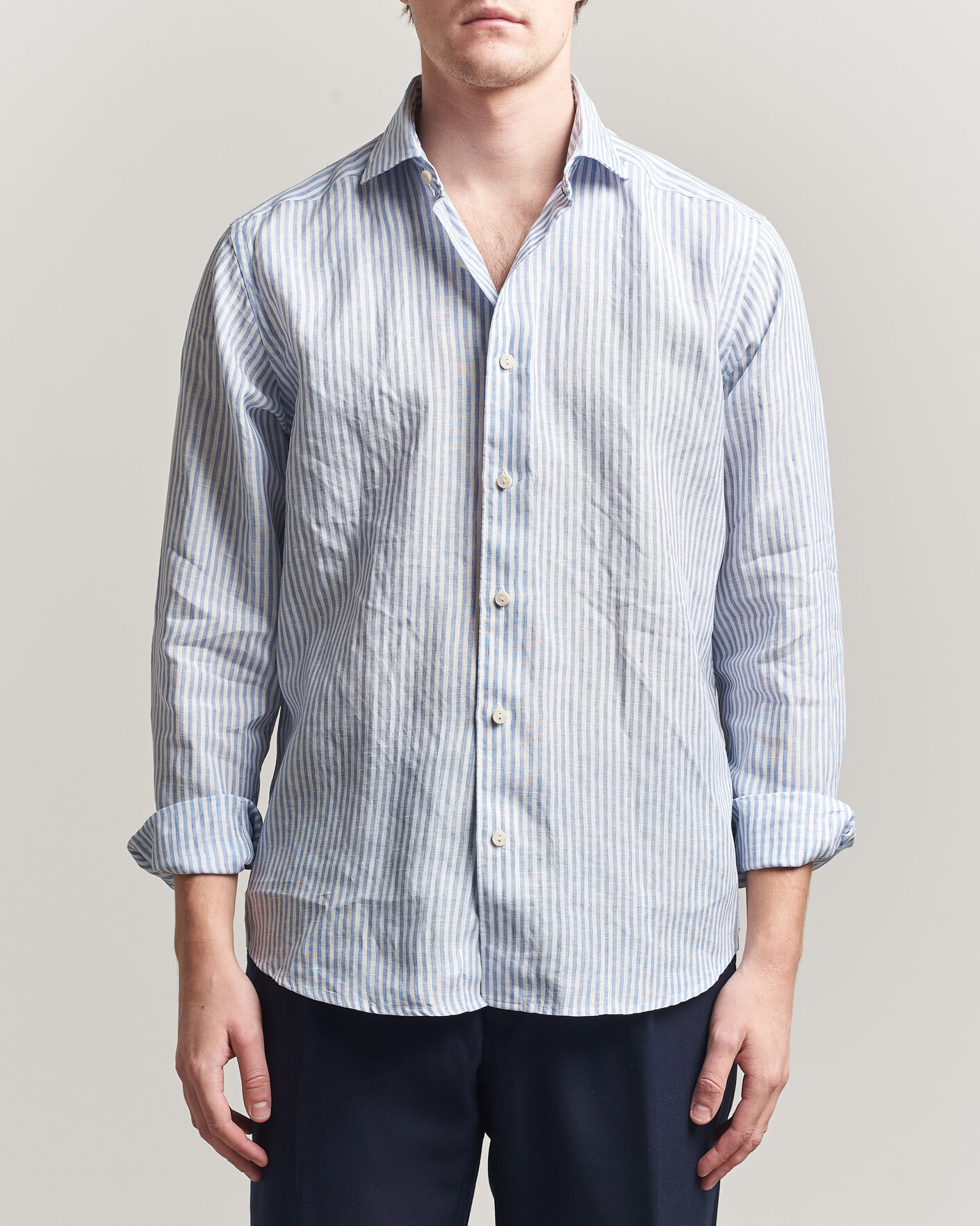 Heren | Overhemden | Eton | Casual Fit Striped Linen Shirt Light Blue