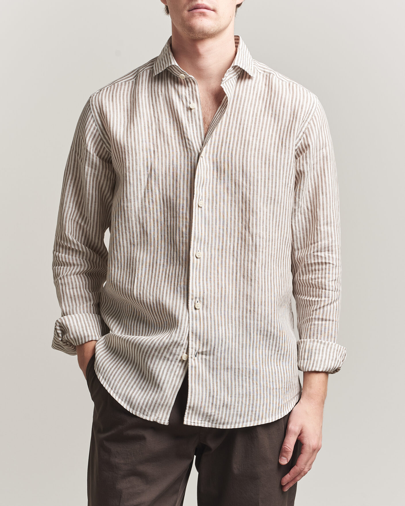 Heren | Overhemden | Eton | Casual Fit Striped Linen Shirt Beige