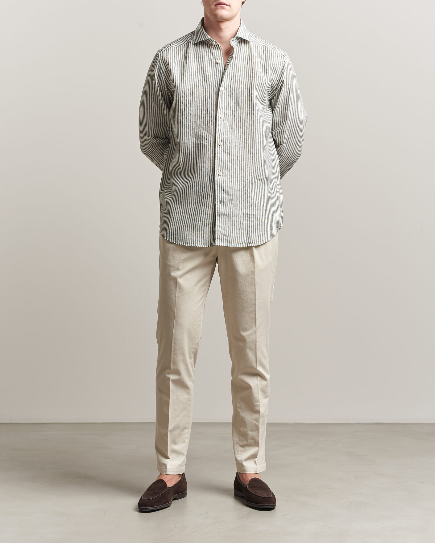 Heren | Overhemden | Eton | Casual Fit Striped Linen Shirt Dark Green