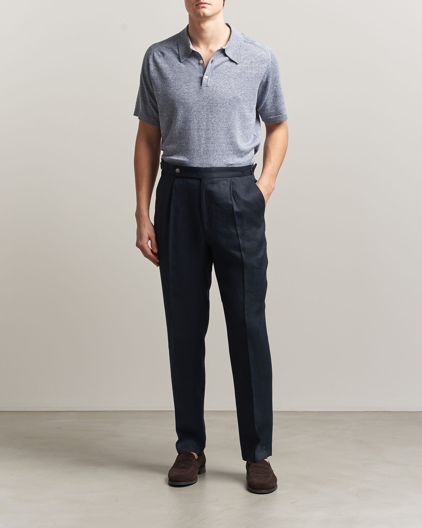 Heren | Polo's | Eton | Cotton Linen Fine Knit Polo Blue