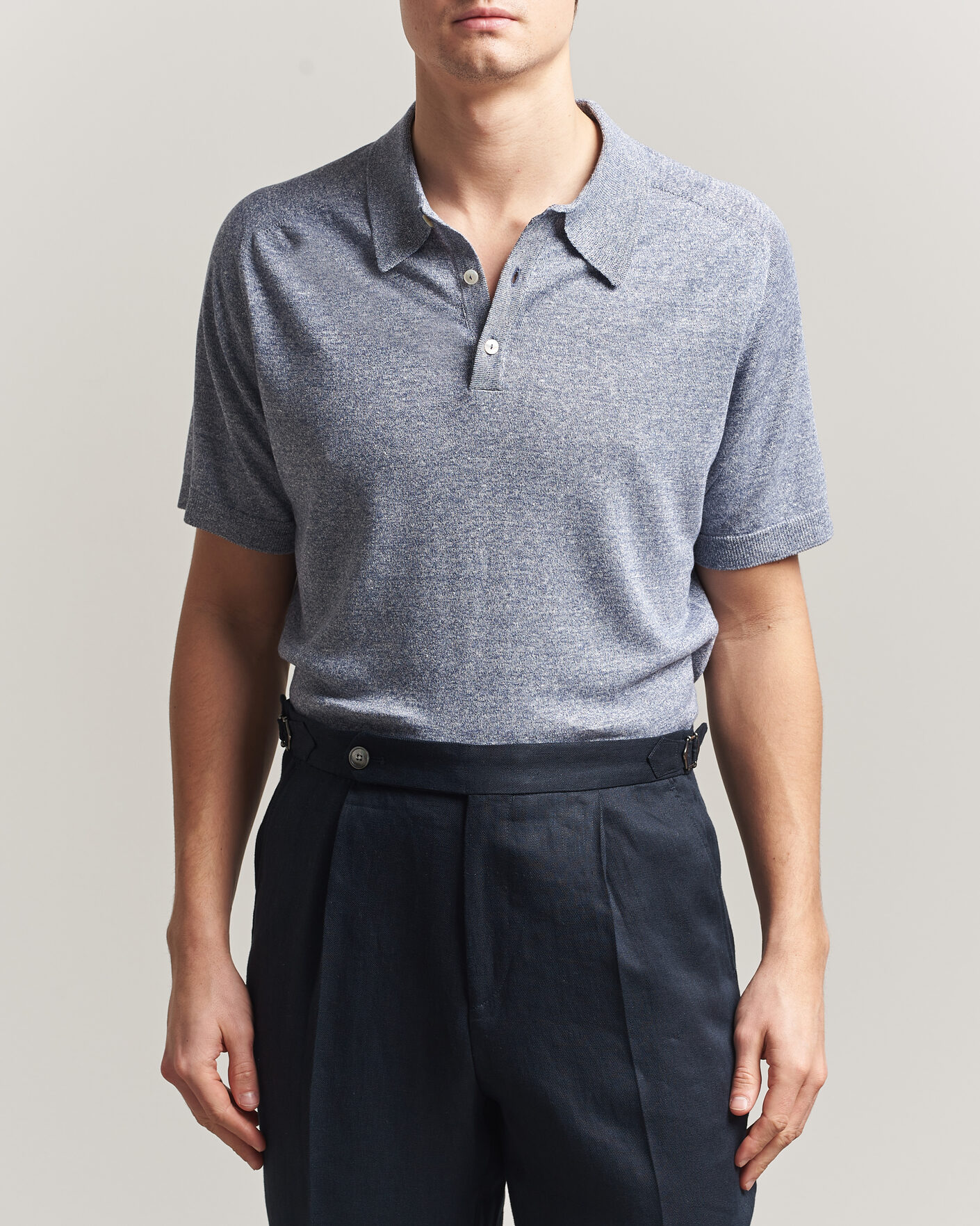 Heren | Polo's | Eton | Cotton Linen Fine Knit Polo Blue