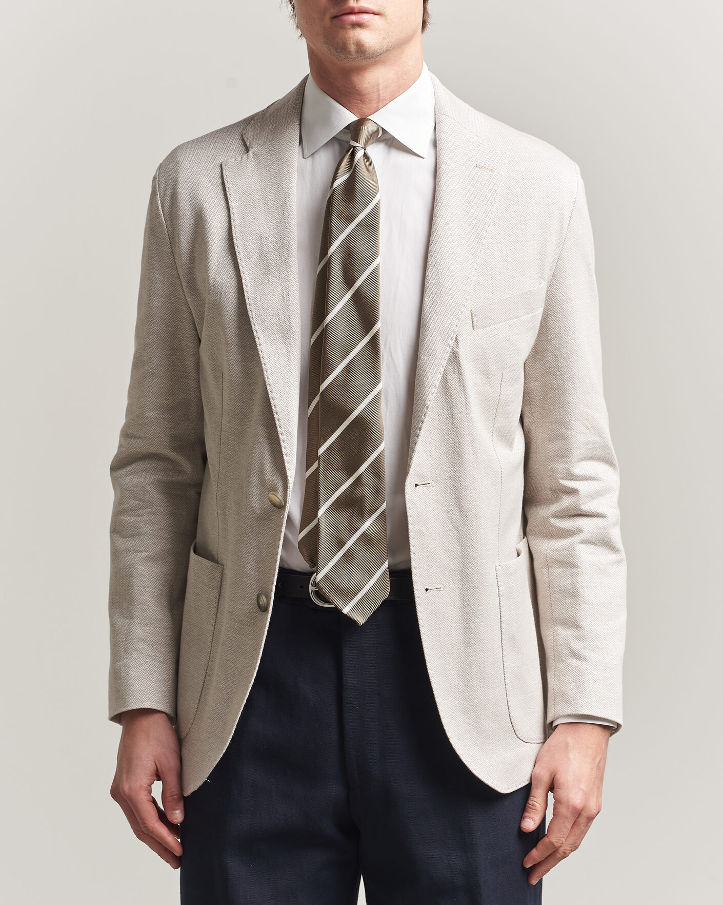 Heren | Blazers | Eton | Linen Jersey Herringbone Blazer Beige