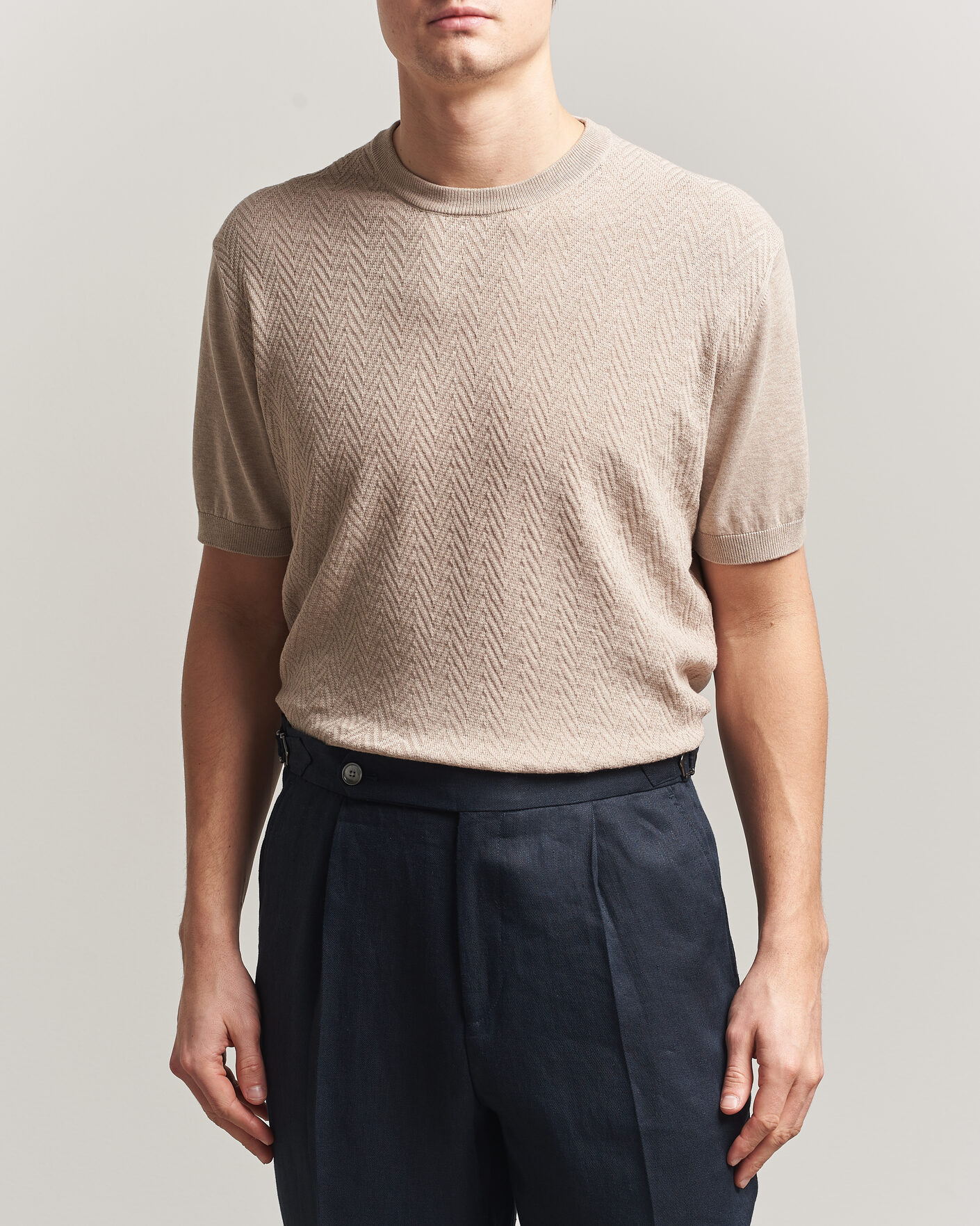Heren | T-shirts | Eton | Cotton Knitted Crew Neck T-Shirt Beige