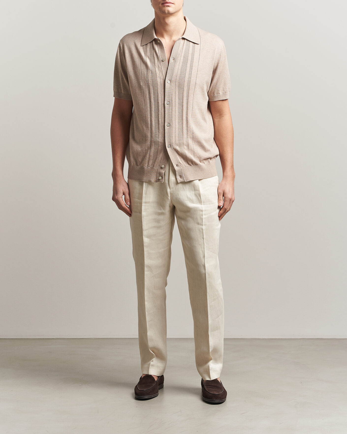 Heren | Overhemden | Eton | Cotton Structured Knitted Short Sleeve Shirt Beige