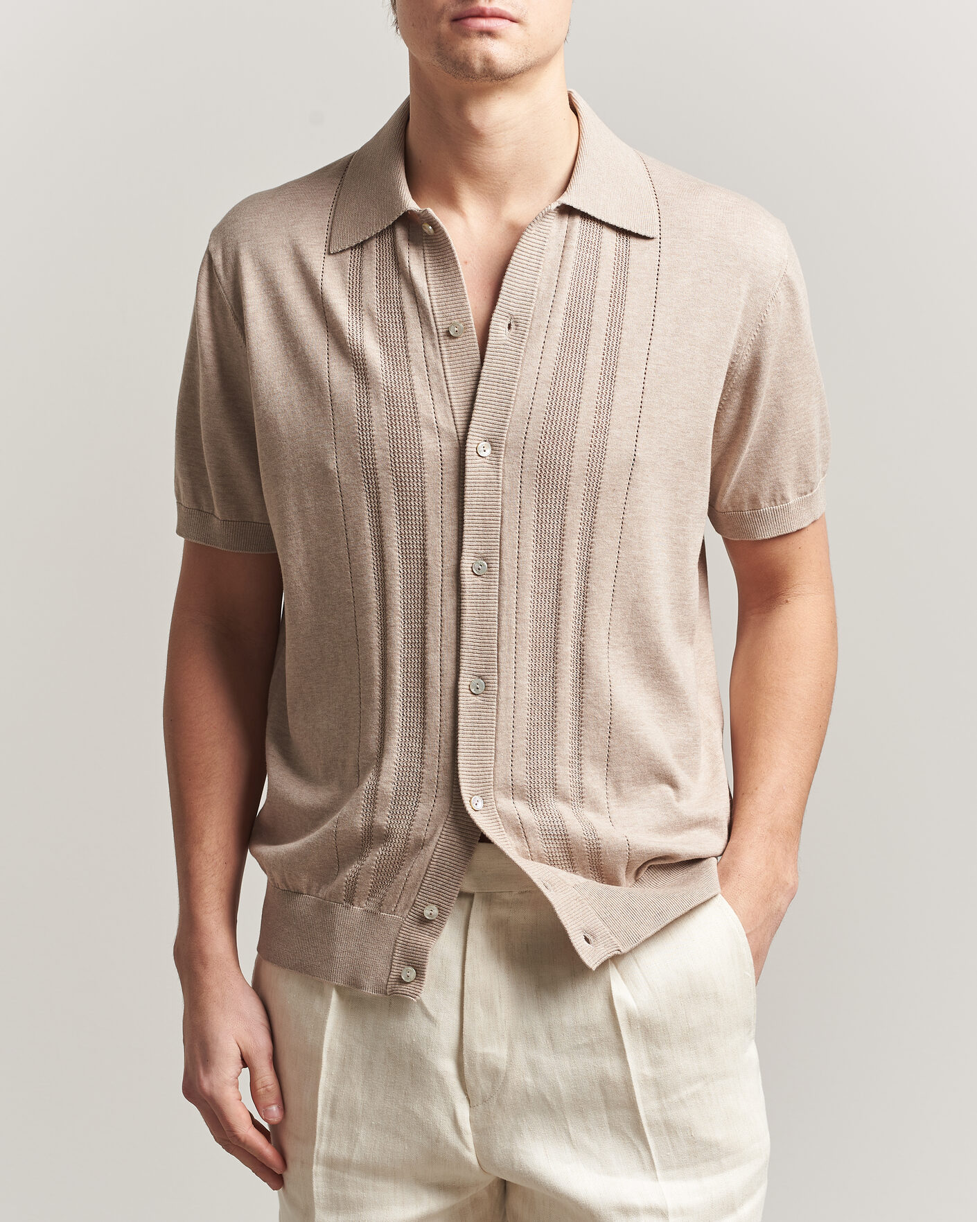 Heren | Overhemden | Eton | Cotton Structured Knitted Short Sleeve Shirt Beige