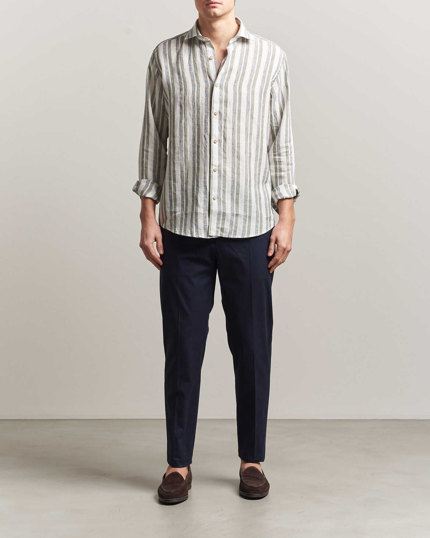 Heren | Overhemden | Eton | Casual Fit Striped Linen Shirt Dark Green