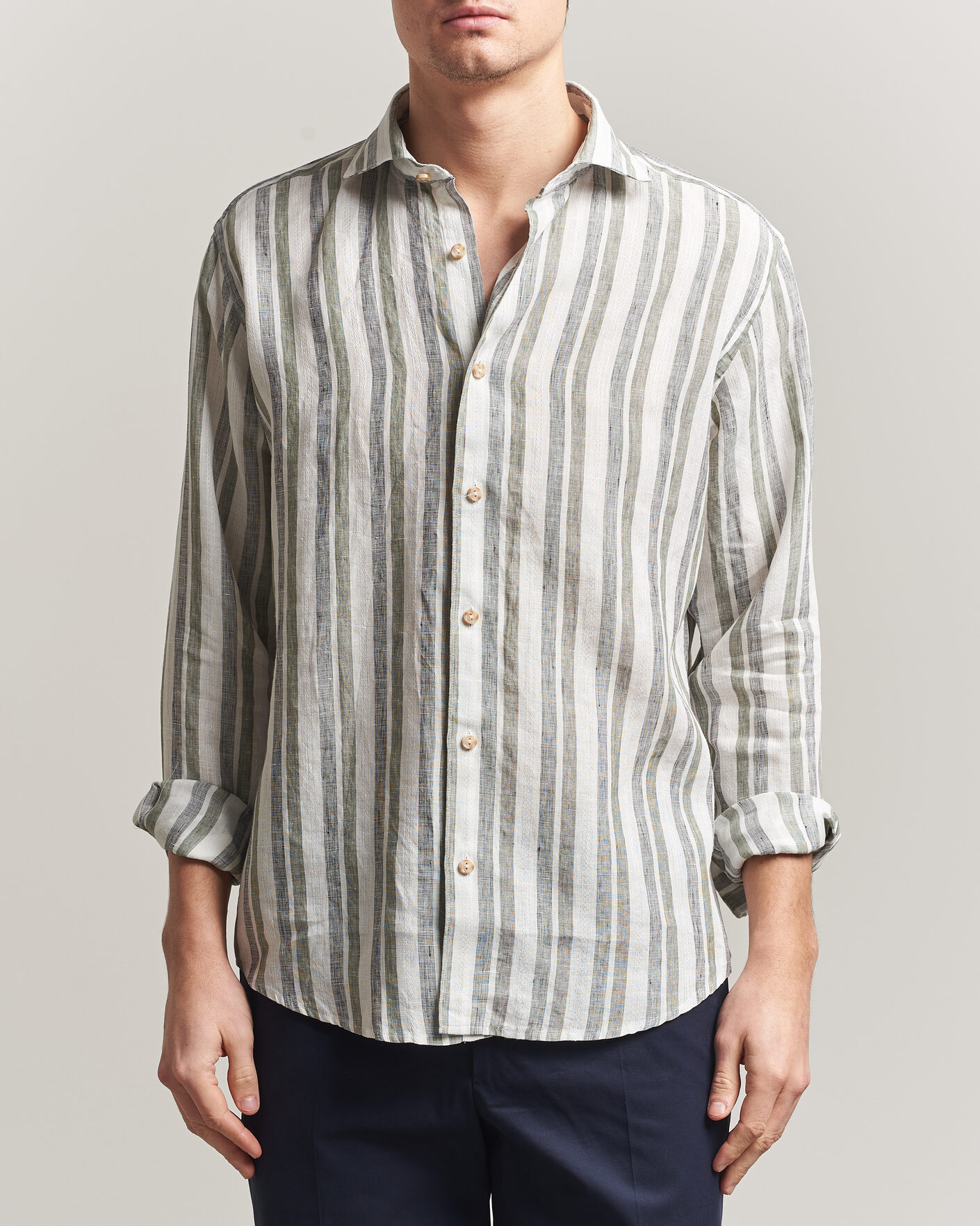 Heren | Overhemden | Eton | Casual Fit Striped Linen Shirt Dark Green