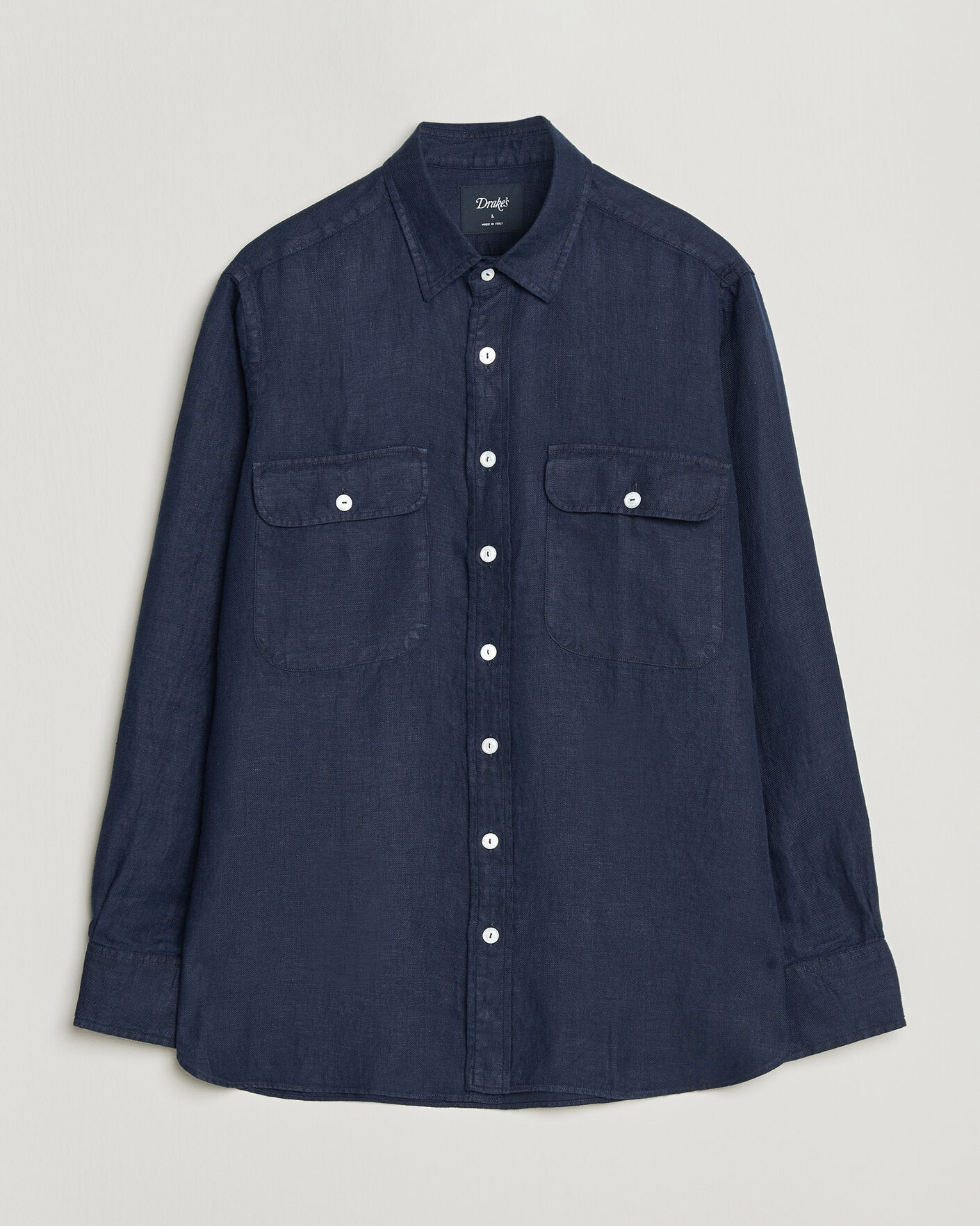 Heren | Overhemden | Drake's | Linen Twill Deep Pocket Work Shirt Navy