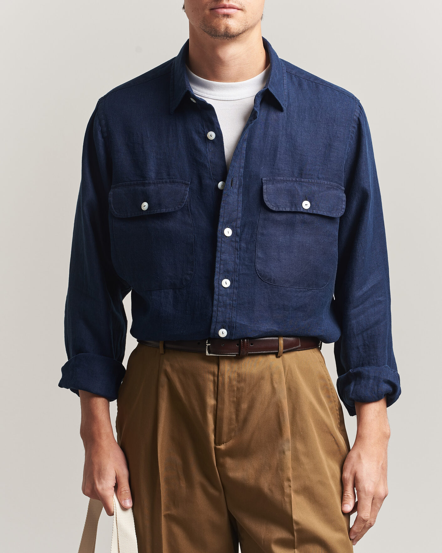 Heren | Overhemden | Drake's | Linen Twill Deep Pocket Work Shirt Navy